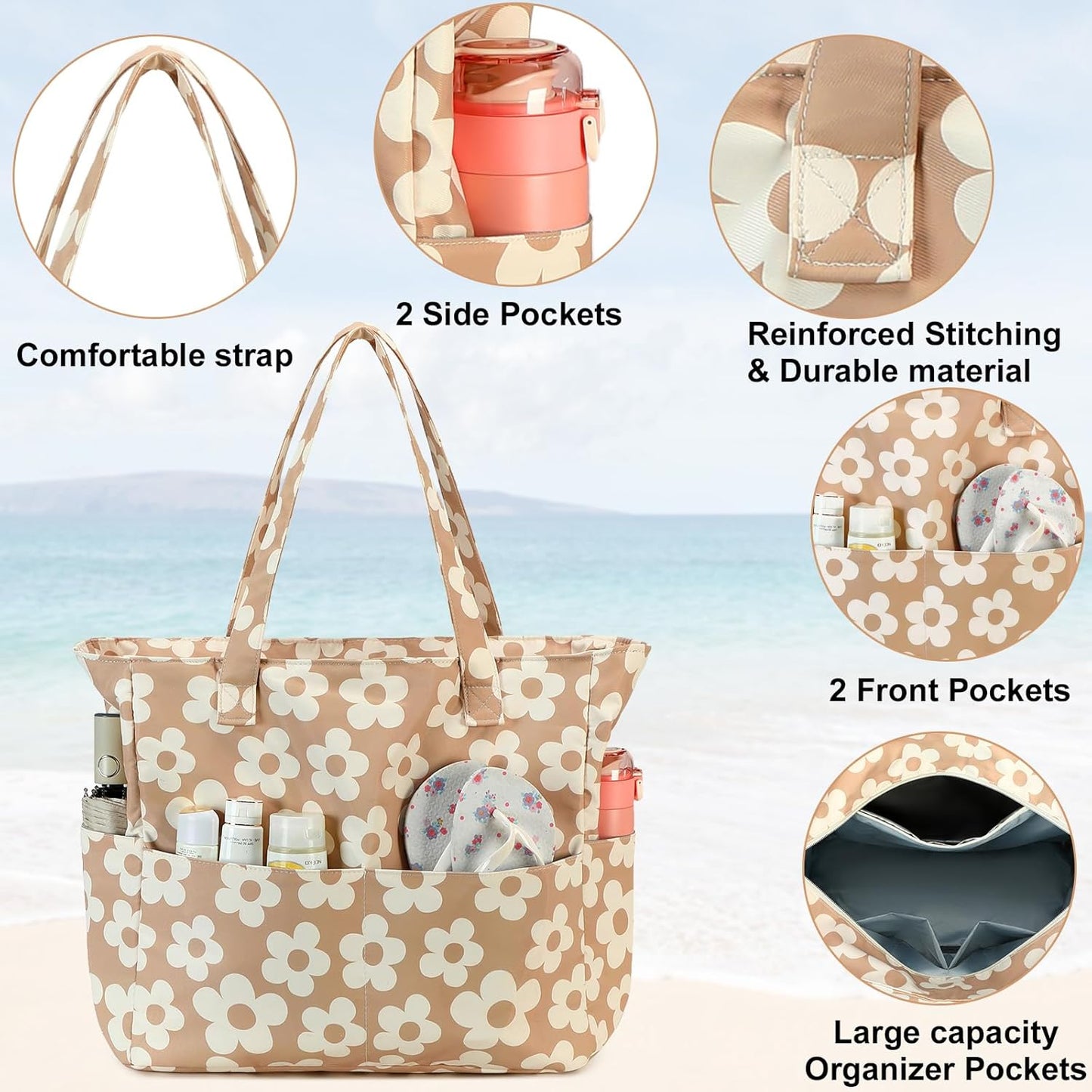 CAMTOP Waterproof Beach Tote Bag for Women Girls with Zipper Foldable Sandproof Pool Swim Bag Travel Carry On Gym
