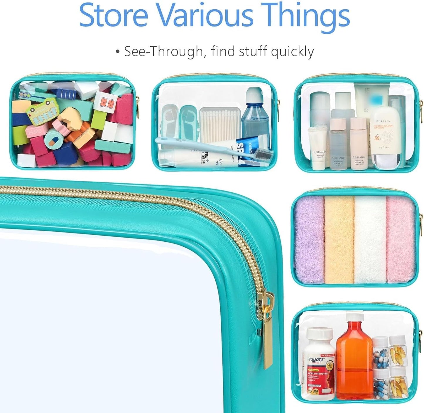 PACKISM Clear Makeup Bag, 2 Pack Upgrade Color-Edged TSA Approved Toiletry Bag, Clear Toiletry Bag For Traveling Fits Various Storage Needs, Turquoise (2 Sizes)