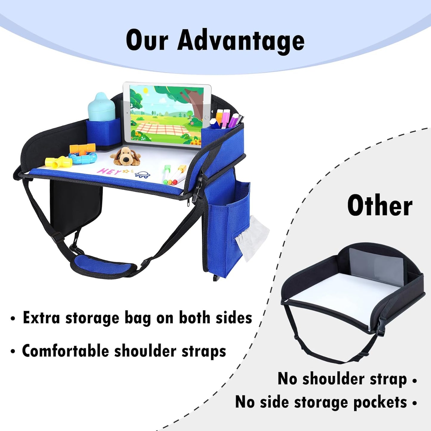 Kids Travel Tray for Airplane - Toddler Car Seat Table Tray, Road Trip Essentials for Boys & Girls, Carseat Lap Desk for Kids Road Trip Activities(Navy Blue)