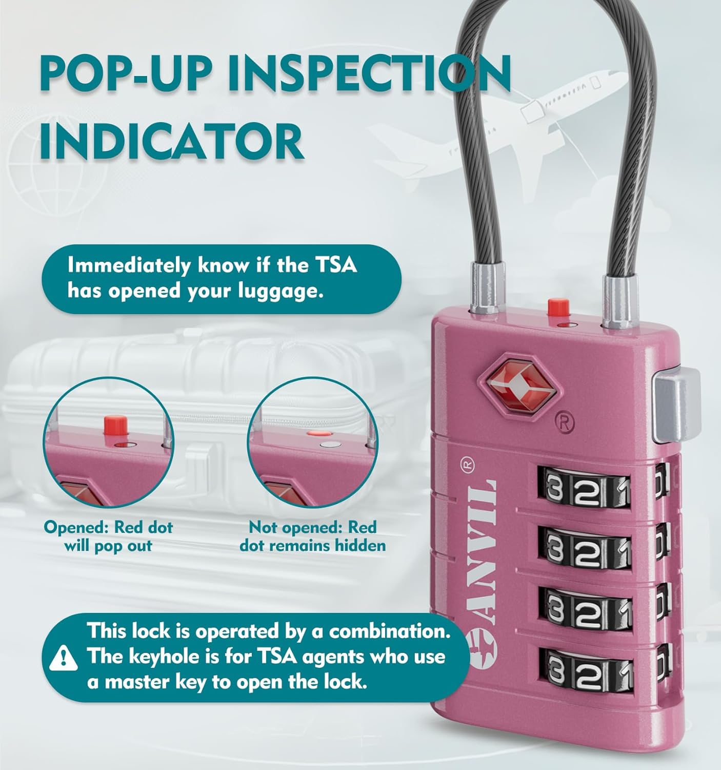 ANVIL 4 Digit Luggage Locks, TSA Locks for Luggage, Advanced TSA008 core, Alert Indicator for Your Travel Lock, Suitcase Lock. (4, Rose Purple)