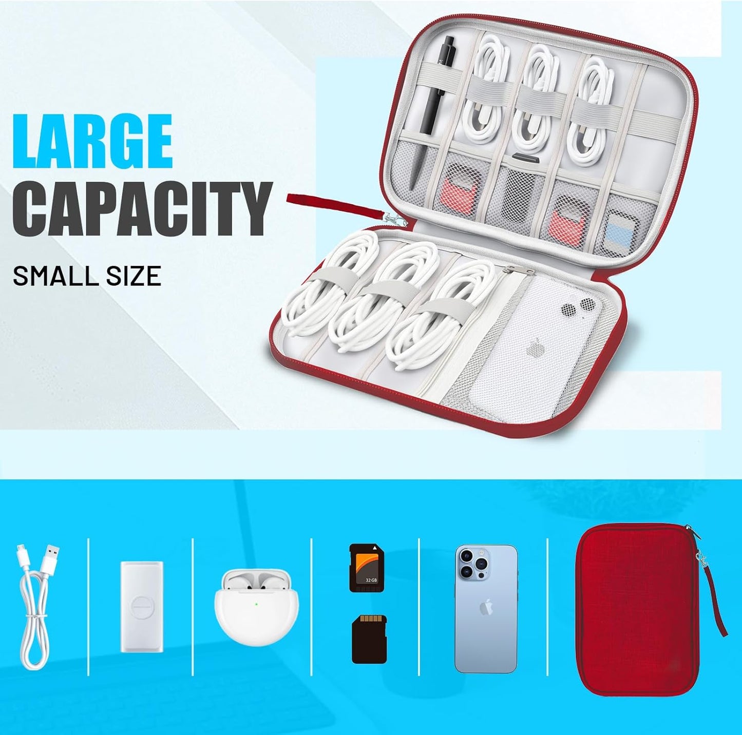 Travel Cable Organizer Bag, Electronics Organizer Tech Pouch with Double Layers for Cords, Chargers, Phone, Earphones, USBs, SD Cards - Travel Essentials Portable Waterproof Tech Pouch