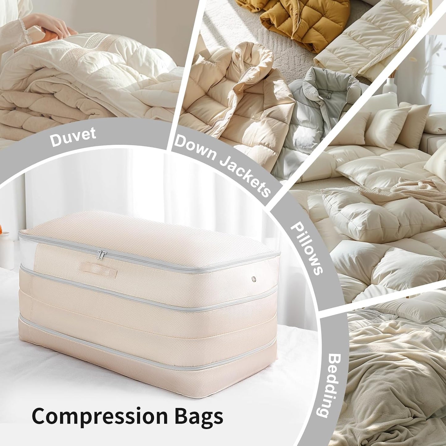 Comforter Storage Bag - Large Capacity Bedding Storage Bags Ultra Space Saving Self Compression Organizer, Washable Compression Bags for Storage Comforter Blanket Duvet Pillow, 2-Pack, Beige