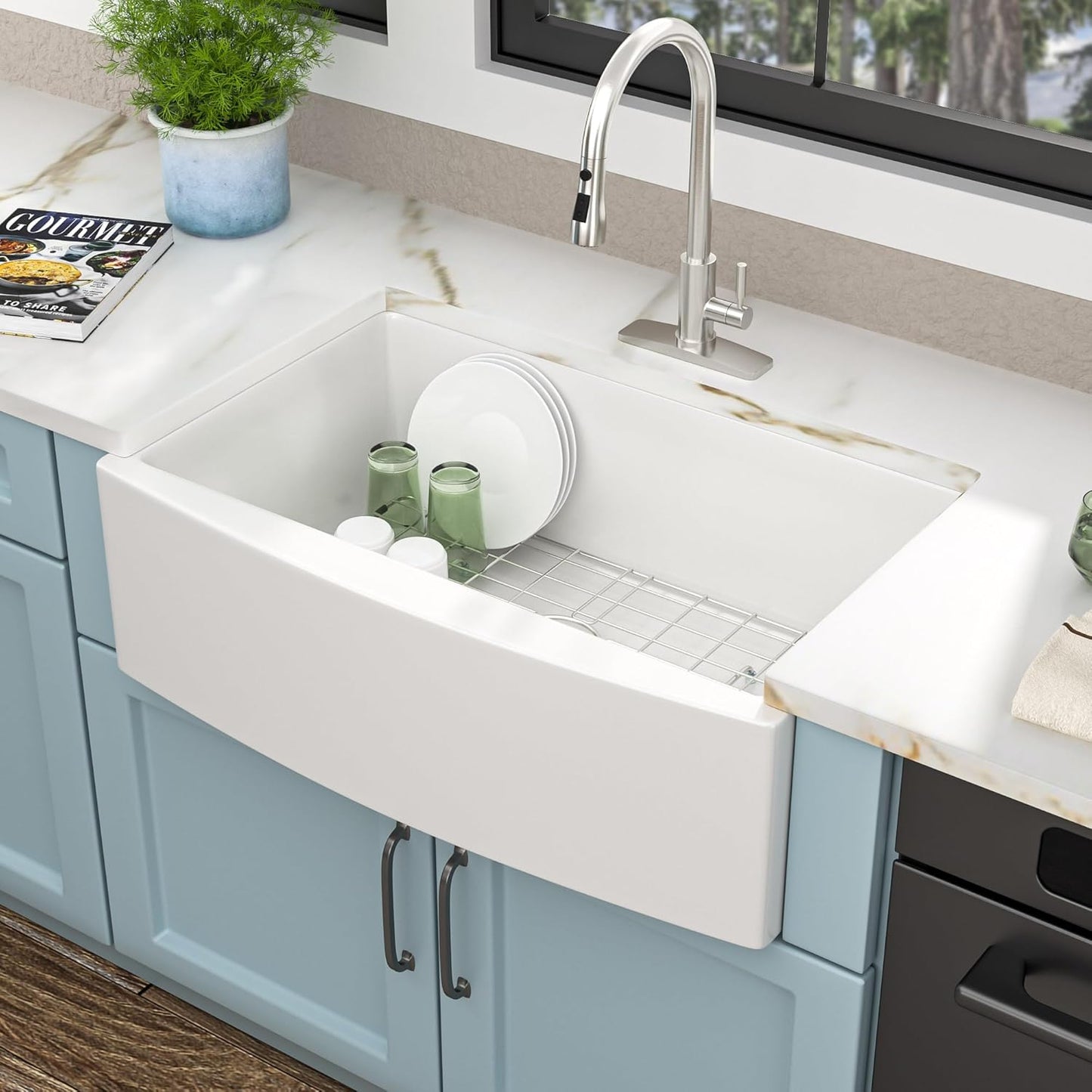 33 White Farm Sink - Fulorni 33"x21" Farmhouse Kitchen Sink Curved Apron Front Ceramic Porcelain Fireclay Single Bowl Farmer Style Basin