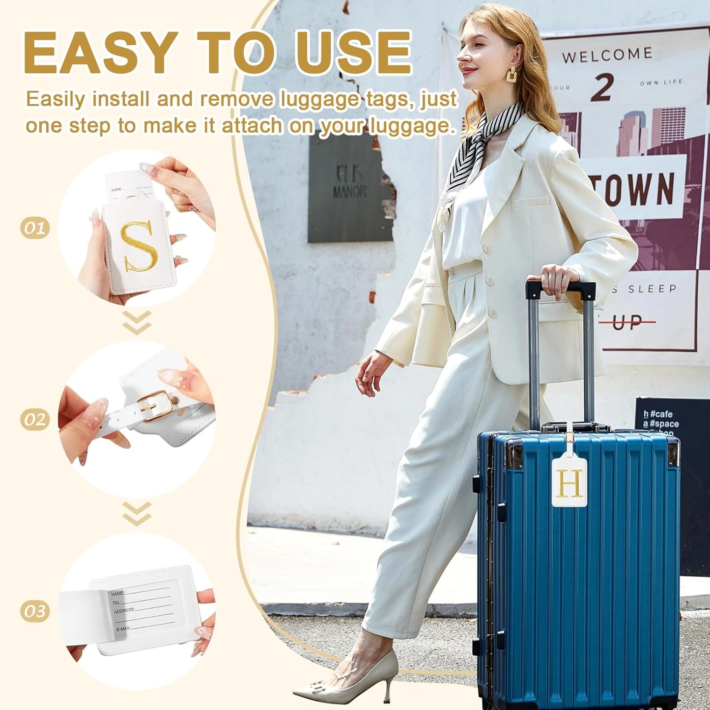 Personalized Initial Luggage Tags for Suitcase TSA Approved, White Leather Cute Luggage Tag with Privacy Cover Name Card, Embroidered Custom Luggage Tags Travel Baggage Tags Gifts for Women Kids(H)