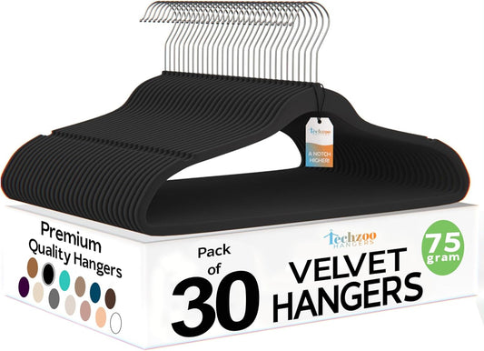 Premium Black Velvet Hangers 30 Pack – Space Saving Felt Hanger, Non Slip Clothes Hangers for Closet, Heavy Duty Hanger for Coats, Shirts & Pants, 360° Swivel Hook, Hold Up to 10lbs