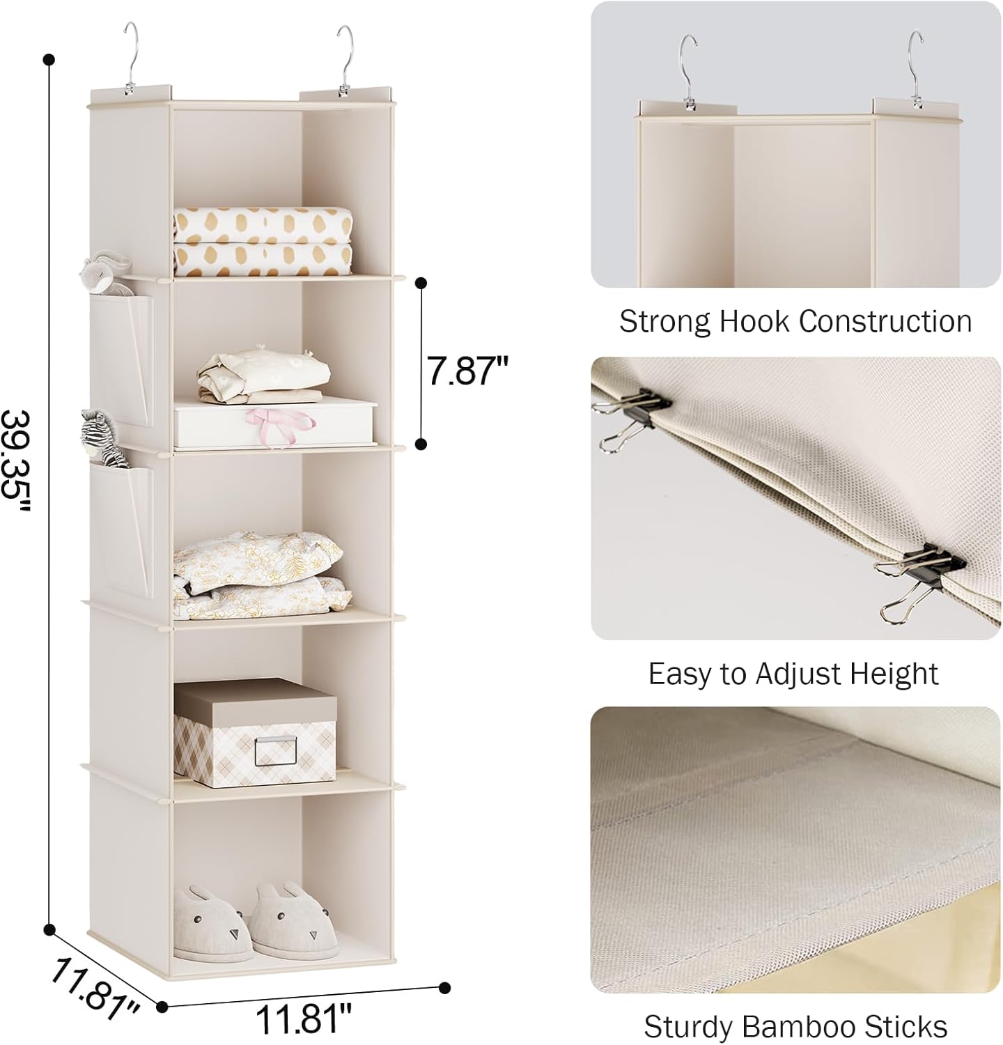 YOUDENOVA Hanging Closet Organizer, 5-Shelf Closet Hanging Storage Shelves, Beige