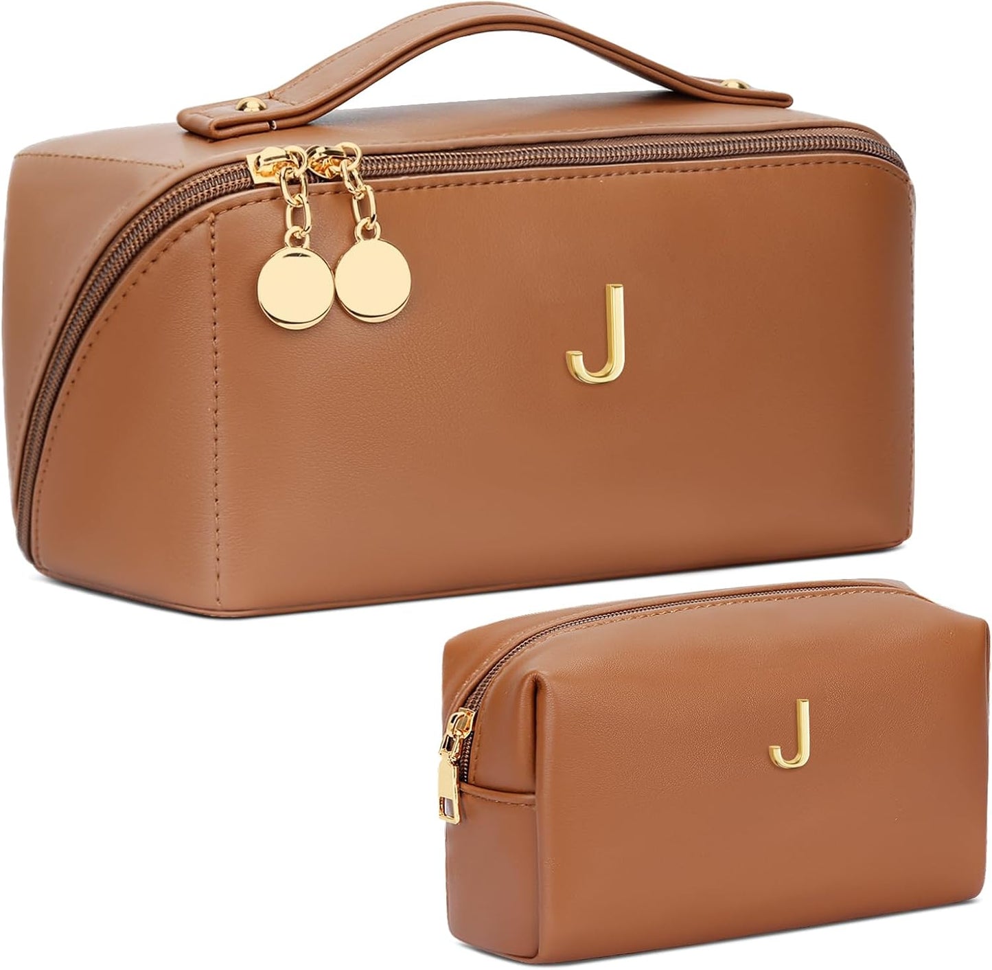 Birthday Gifts for Women Teen Girl, Personalized Initial Makeup Organizer Bag Set, Open Flat Travel Cosmetic Bag With Clear Divider and Handle(Brown,J)