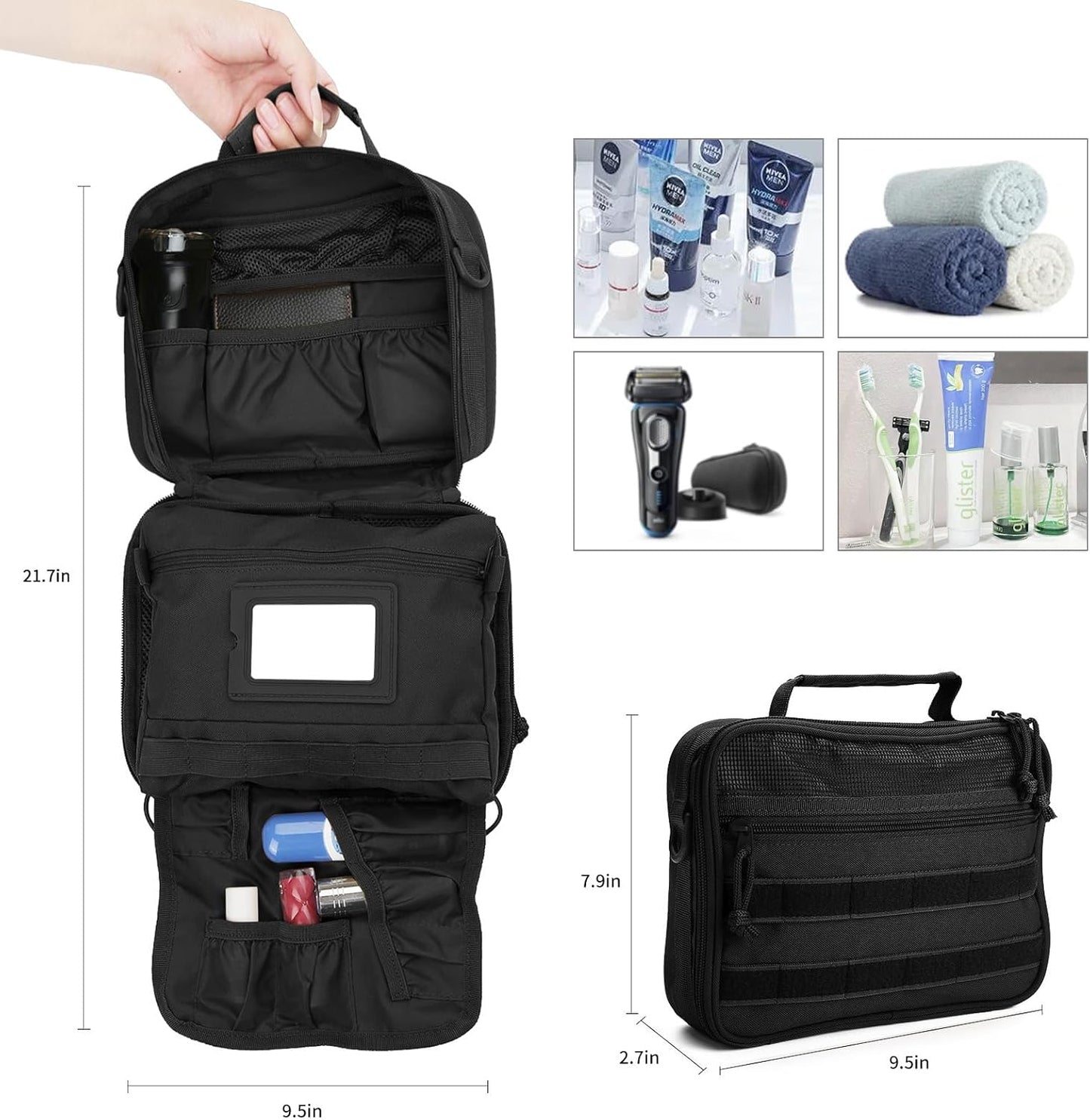 Travel Toiletry Bag for Men,Hanging Hook Toiletry Bag, Spacious Portable Organizer Dopp Kit Shaving Bag for Toiletries Makeup Accessories Tactical Essentials - Black