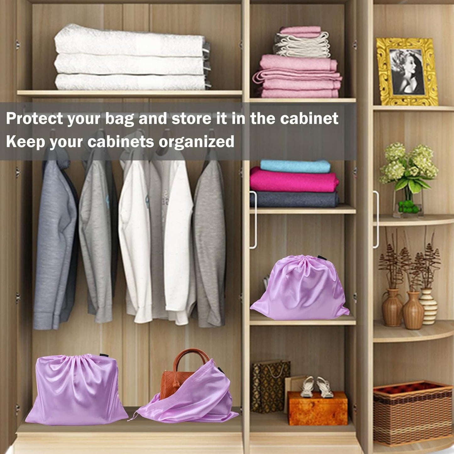 6 Pack Dust Bags for Handbags Silk Dust Cover Bag for Handbags Purses Shoes Boots, Silk Dustproof Drawstring Bag Travel Storage Pouch (Lavender, 23.6 × 19.6 in)