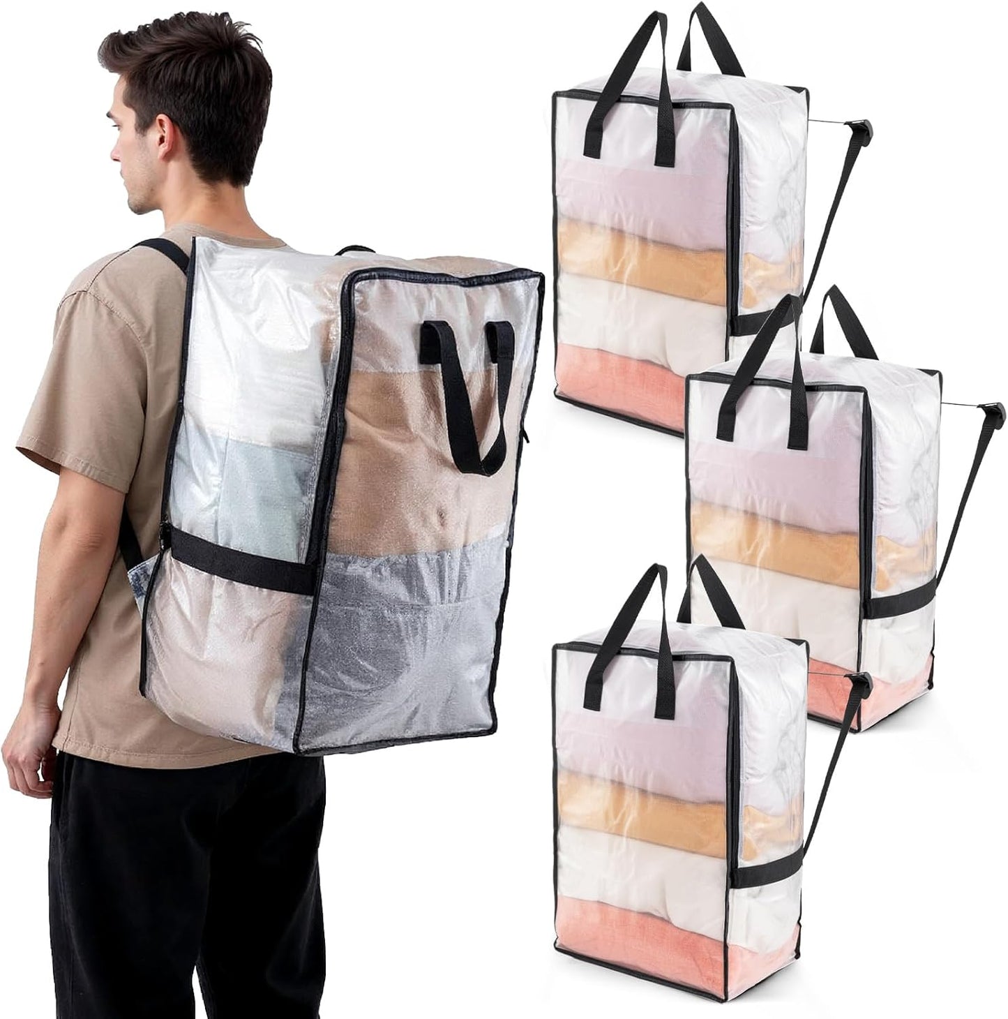 TAILI 4 Pack Clear Moving Bags w/Adjustable Backpack Straps, Moving Supplies, Moving Boxes Alternative, Heavy Duty Storage Totes for College Packing, Camping Backpack for Travel, Dorm, Laundry
