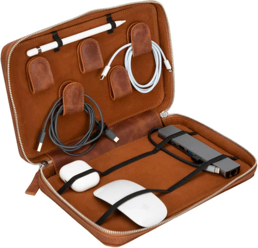 Medicine Handmade Leather Cable Organizer Bag – Full-Grain Leather Travel Tech Case for Cords, Chargers & Accessories – Zippered Storage for Men & Women (Tiguan Tan)