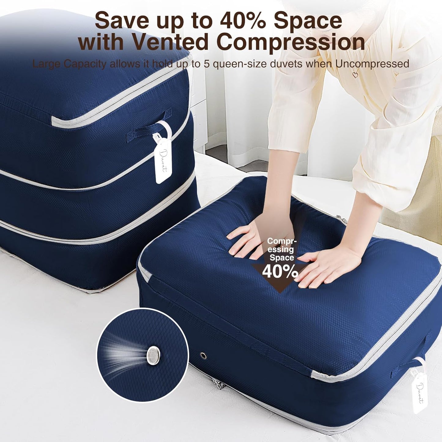 4 Pack Compression Storage Bags - 110L Large Capacity Comforter Storage Bag, 3-Layer Washable Ultra Space Saving Self Compression Organizer Space Bags for Blanket, Sweater, Sheet, Navy Blue