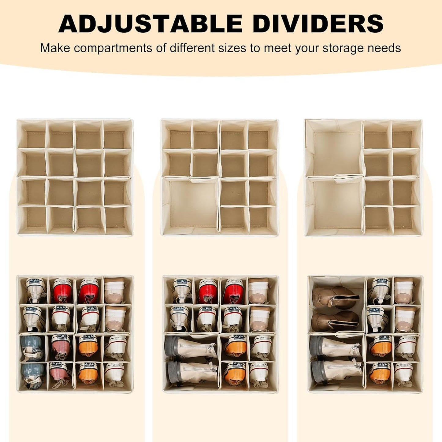 Shoe Organizer for Closet, Foldable Shoe Storage Bins with Clear Cover, Large Shoe Box Storage Container with Adjustabele Dividers, Fits up to 16 Pairs, White