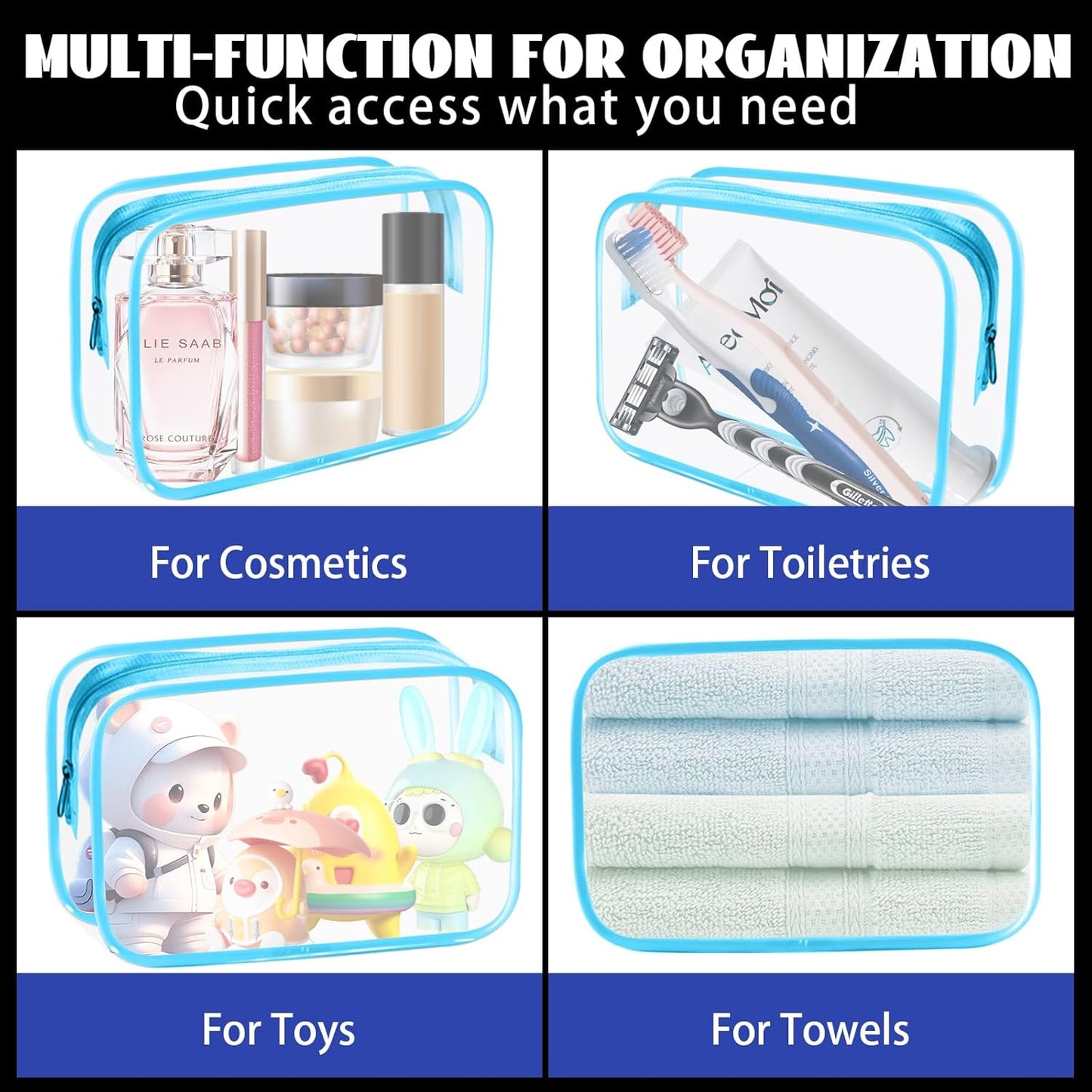 16 Pieces Clear Cosmetic Bags, PVC Clear Pouch with Zipper TSA Approved Toiletry Bag for Travelling, Waterproof Transparent Travel Makeup Cosmetic Organizer Case for Men and Women (Blue-M)