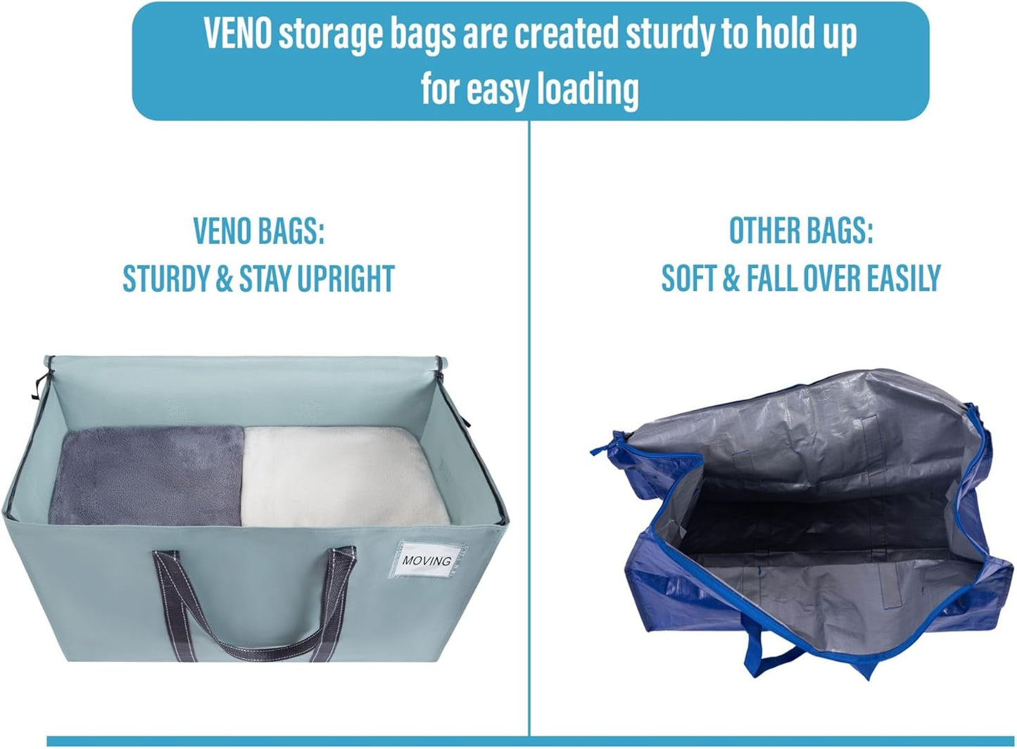 VENO 4 Pack Moving Bags, Heavy Duty, Moving Boxes Alternative, Packing Storage Supplies for Dorm Room Essentials with Zipper for Clothes, Extra Large Totes for Packaging (Light Blue Matte, 4 Pack)