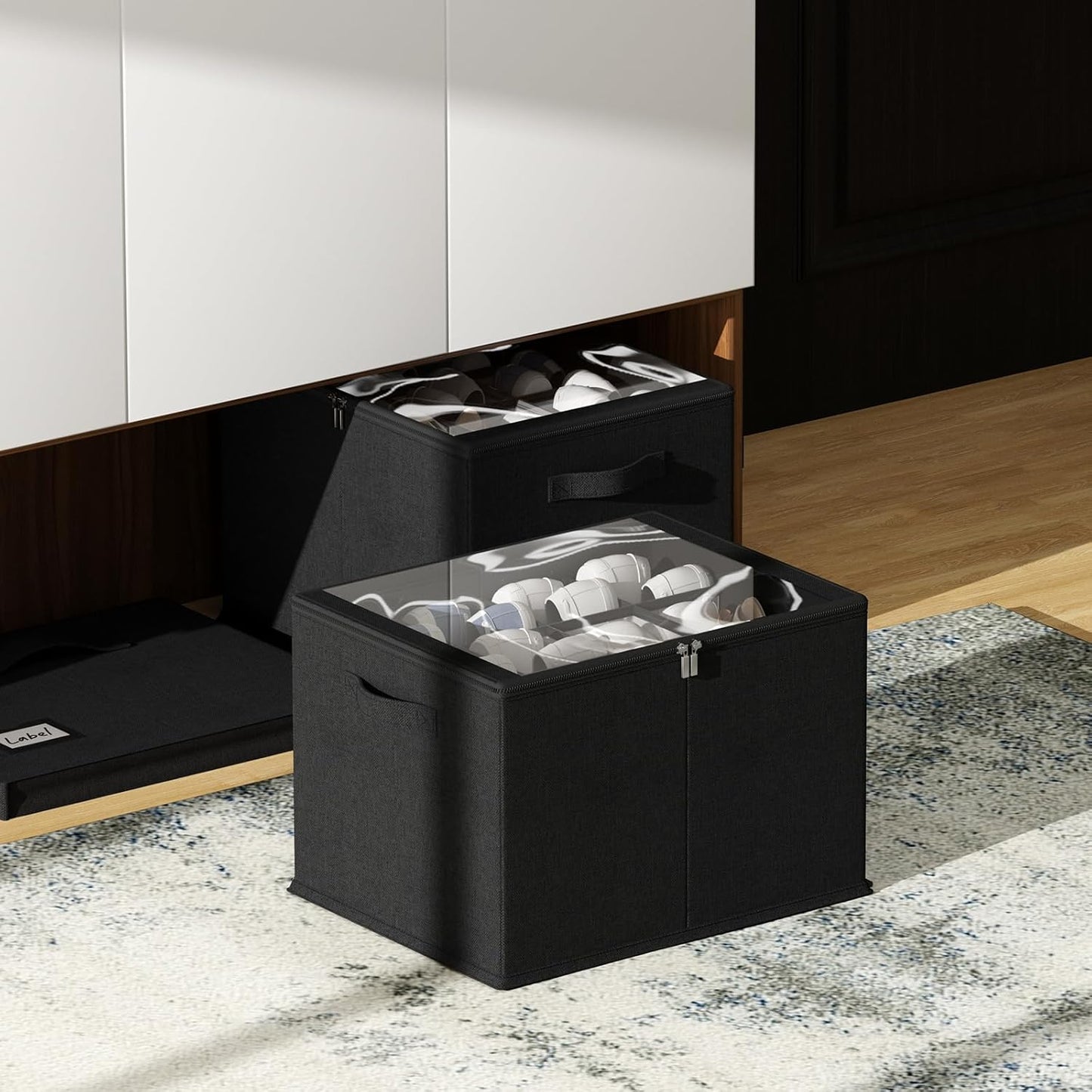 2 Pack Shoe Organizer for Closet - Shoe Storage Bins with Clear Cover, Fabric Shoe Storage Containers with Reinforced Handles, Fits up to 24 Pairs (Black, 16.5 * 12.6 * 12.2in)