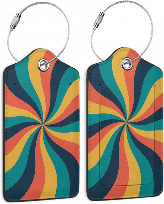2 Pcs 70s Retro Wavy Luggage Tags,Cruise Vintage Twisted Ray Luggage Tag with Privacy Flap,Name Id Label and Steel Loop for Women Men Travel Bag Suitcase
