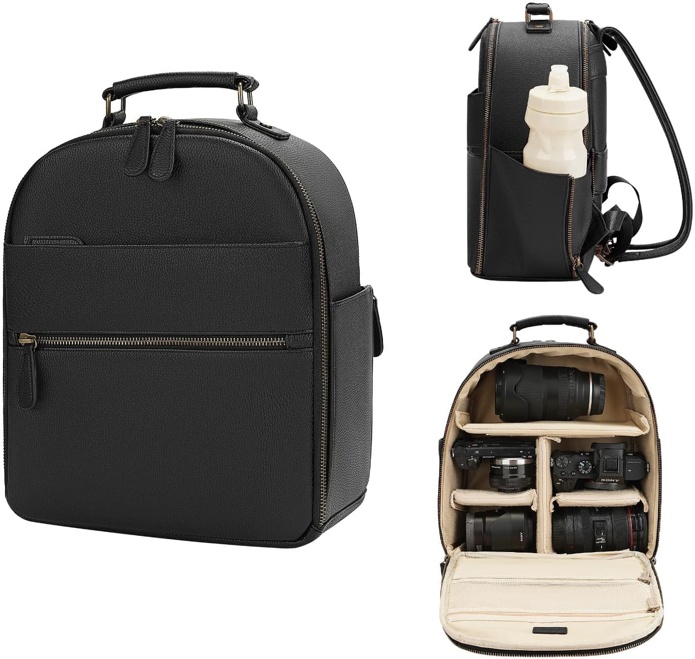 Small Camera Backpack, Classic PU Leather with 11 Inch Pad/Tablet Compartment, Professional Camera Bag for Photographers for DSLR, 10L Black