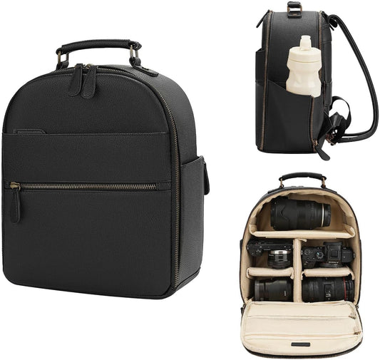 Small Camera Backpack, Classic PU Leather with 11 Inch Pad/Tablet Compartment, Professional Camera Bag for Photographers for DSLR, 10L Black