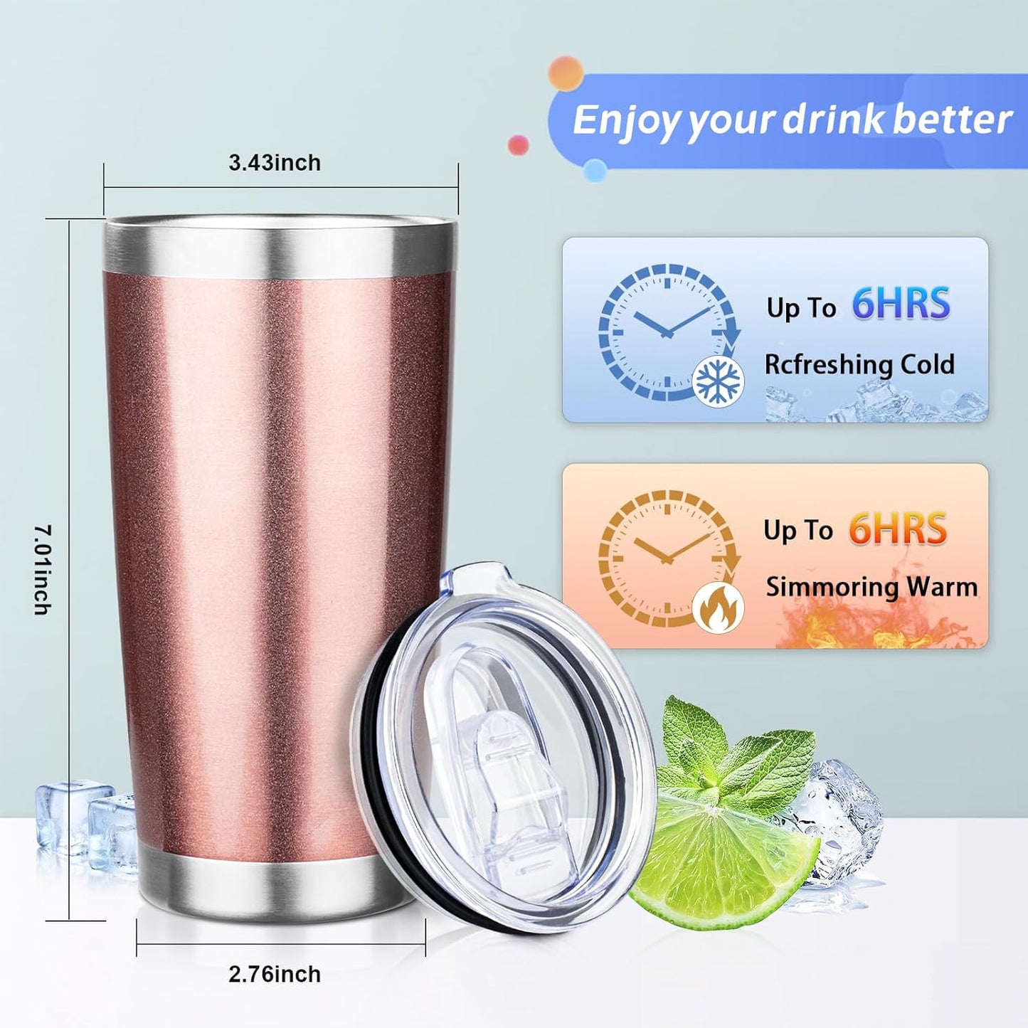 20oz Tumbler with Straw and Brush, Stainless Steel Vacuum Insulated tumbler, Double Wall Insulated Coffee Tumbler for Outdoor, Home, Travel,Office (Rose Gold,8pcs)