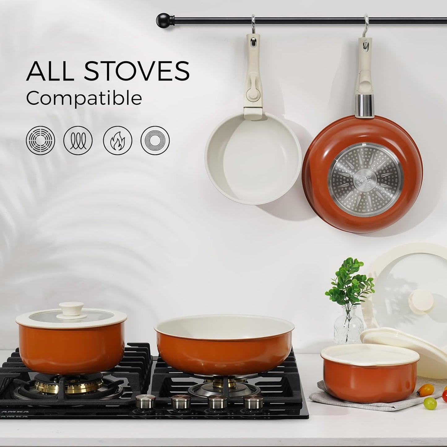 15Pcs Pots and Pans Set Non Stick, Cookware Sets with Detachable Handle, Nonstick RV Kitchen Cooking Tools Removable Handles, Oven Safe, Induction Fast, Stackable Induction Cookware, Tangerine