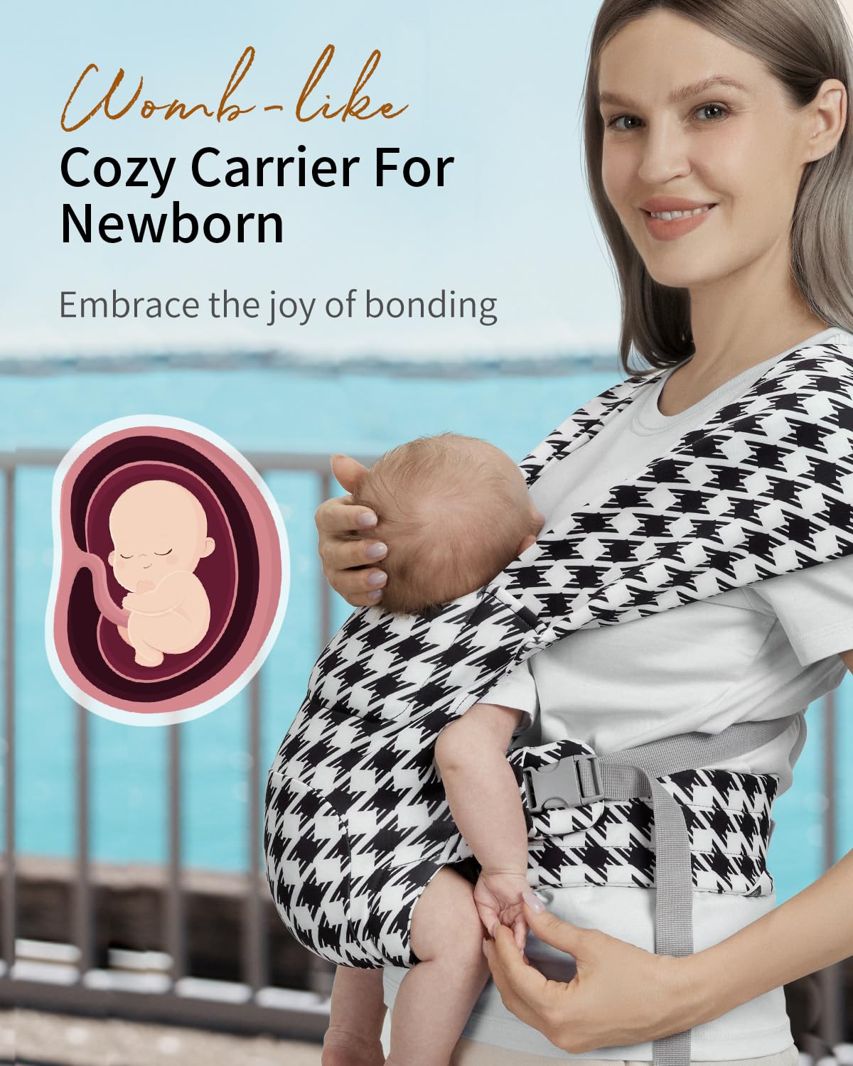 Newborn Carrier, Cozy Baby Carrier, Ergonomic Cross-Back Wrap, Hands-Free with Supportive Comfort, Tweed Black & White