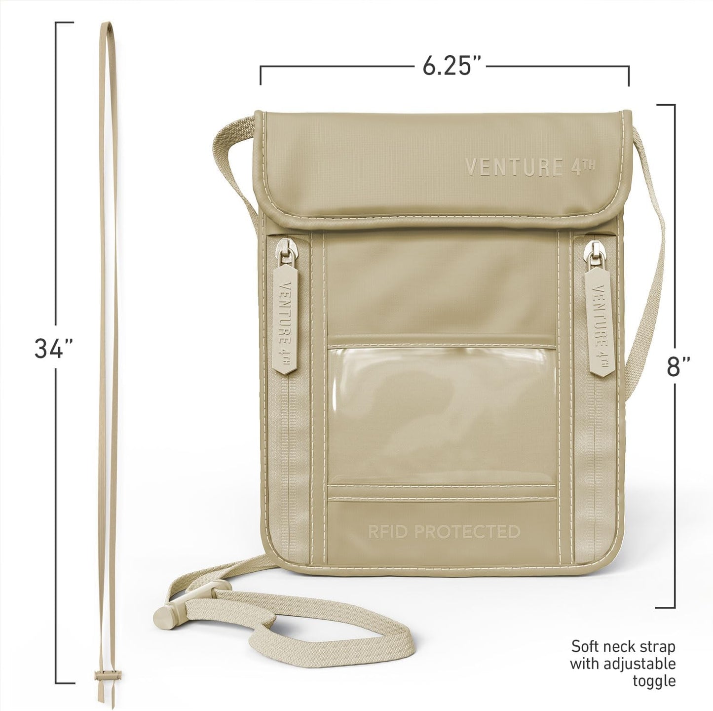 VENTURE 4TH Passport Holder Neck Wallet with RFID Blocking Nylon Lining - Hidden Neck Pouch for Travel (Sleek Beige)
