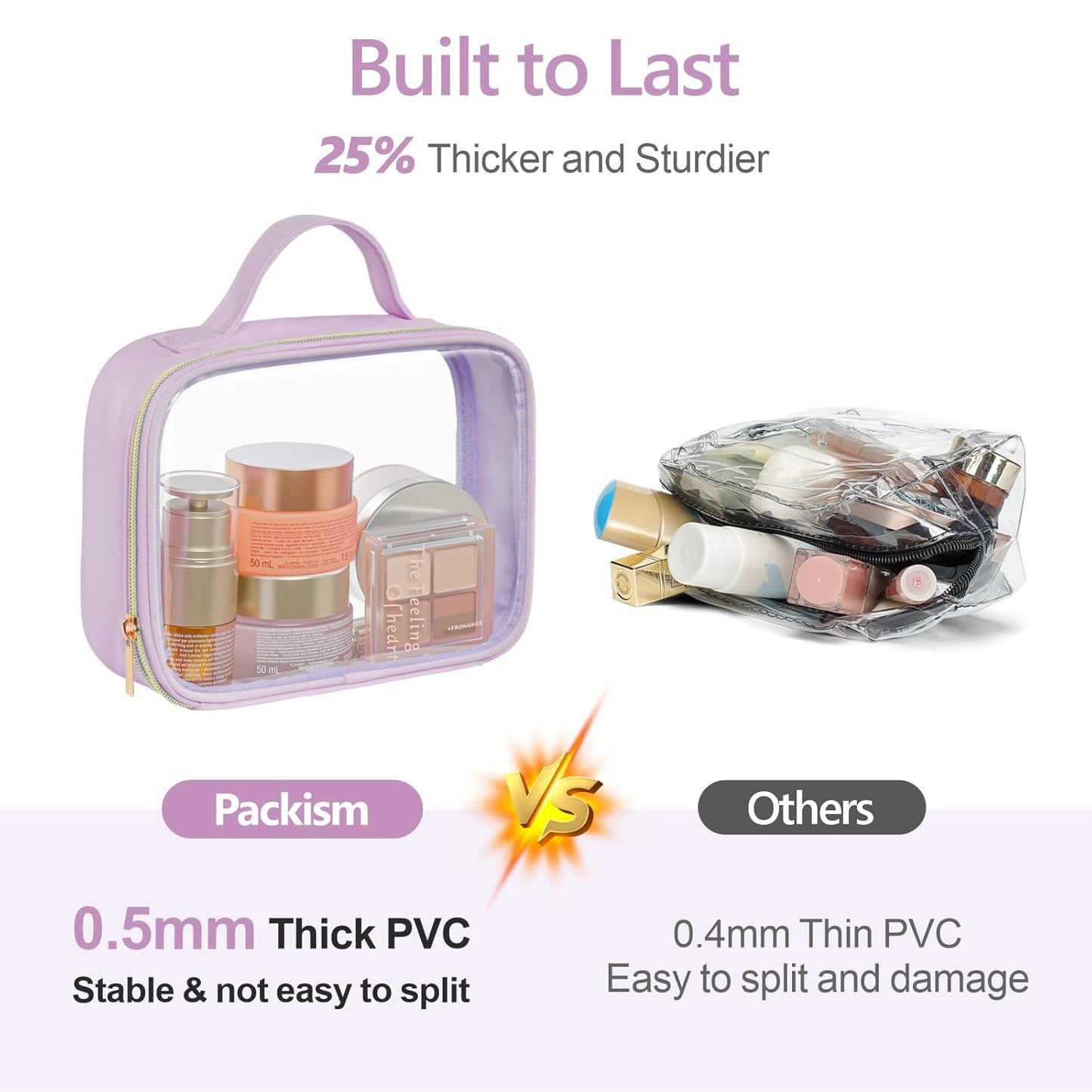 PACKISM Clear Makeup Bag - 2 Pack TSA Approved Toiletry Bag with Handle and 180° Large Opening, Sturdy Clear Toiletry Bag Fit Carry-on Travel Essential, Travel Bags for Toiletries, Purple