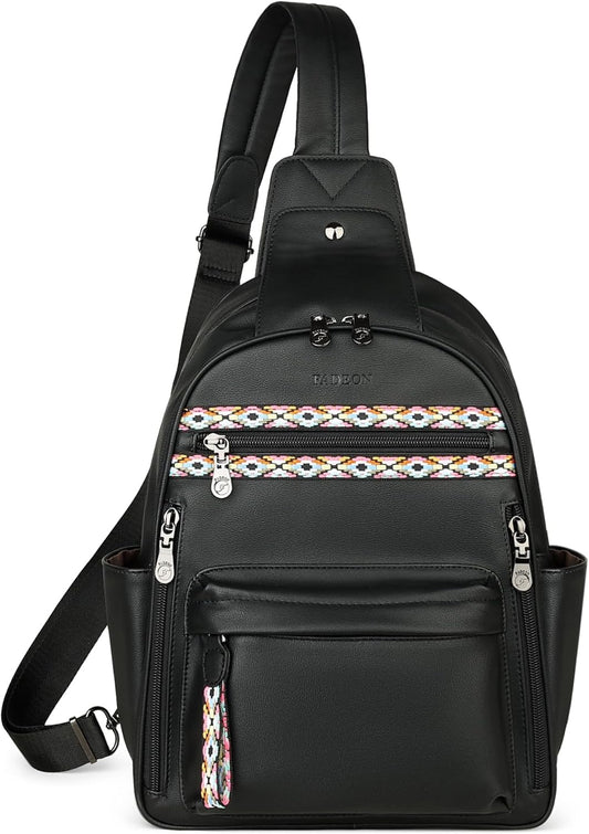 FADEON Large Sling Bag for Women, Leather Crossbody Purse Designer Anti Theft Sling Backpack, RFID Fanny Packs for Travel