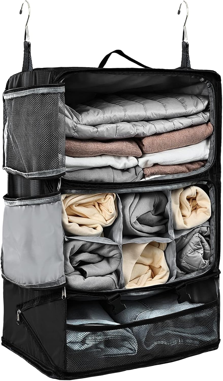 TABITORA Travel Portable Hanging Shelves Closet Organizer Packing Luggage Storage with Multifunctional and Foldable Invisible Compartment,Lightweight, for Suitcase, RV,Closet…Black,XXL