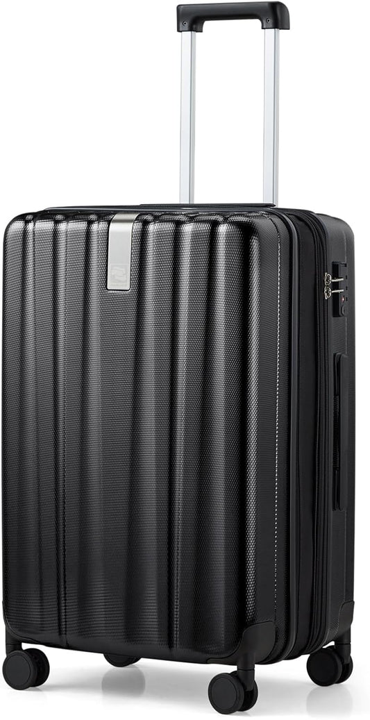 Hanke 24 Inch Expandable Checked Luggage Lightweight PC Hard Shell luggage Suitcases with Wheels Travel Luggage Rolling Large Suitcase Travel Luggage Bag for Go To University.(Jet Black)