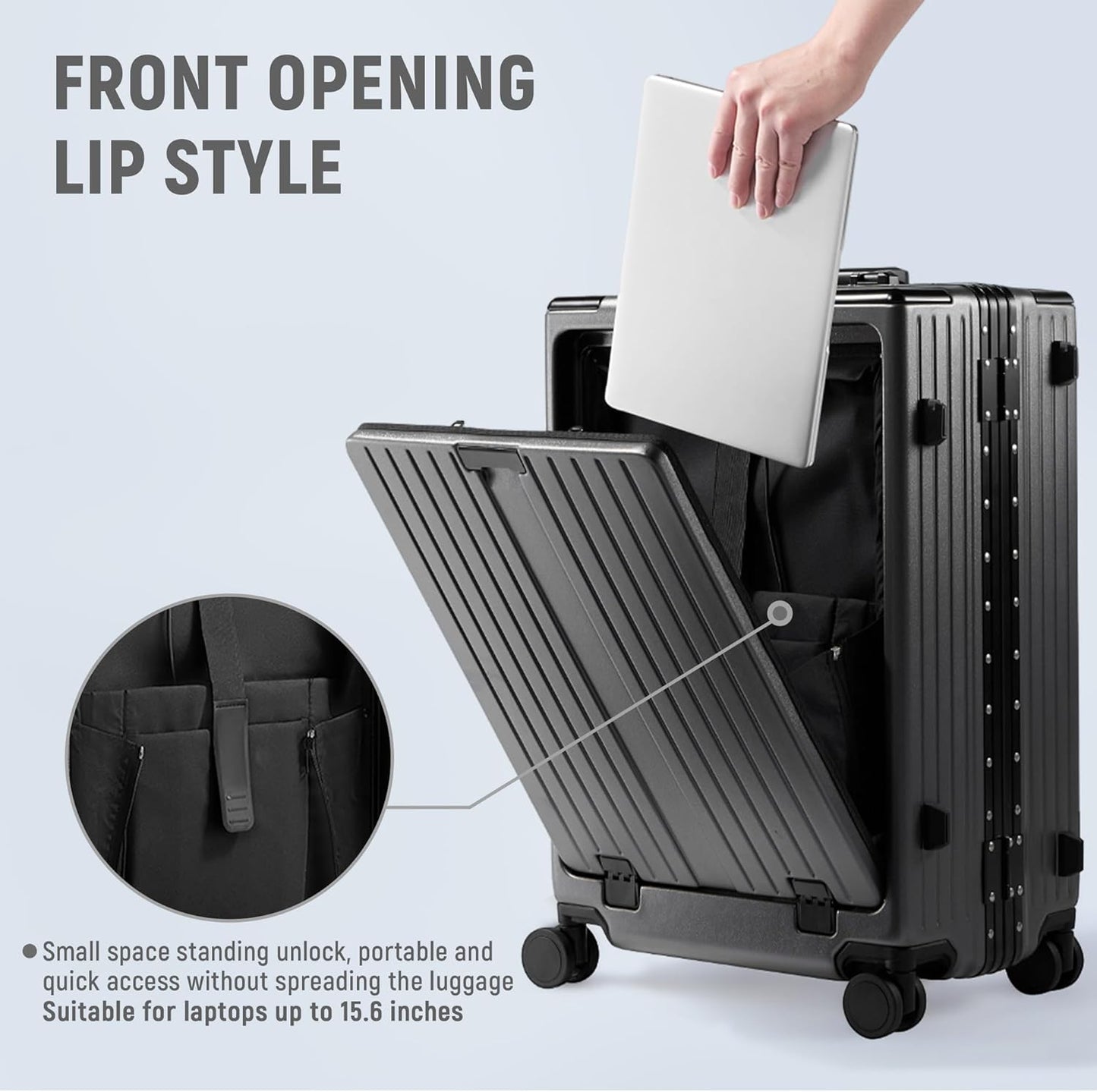 UrbanExplorer 24 Inch Check-In Aluminum Frame Luggage, ABS+PC Hard Shell Suitcases with Spinner Wheels TSA Approved Checked Luggage, Zipperless Suitcases with Cup Holder, Gray