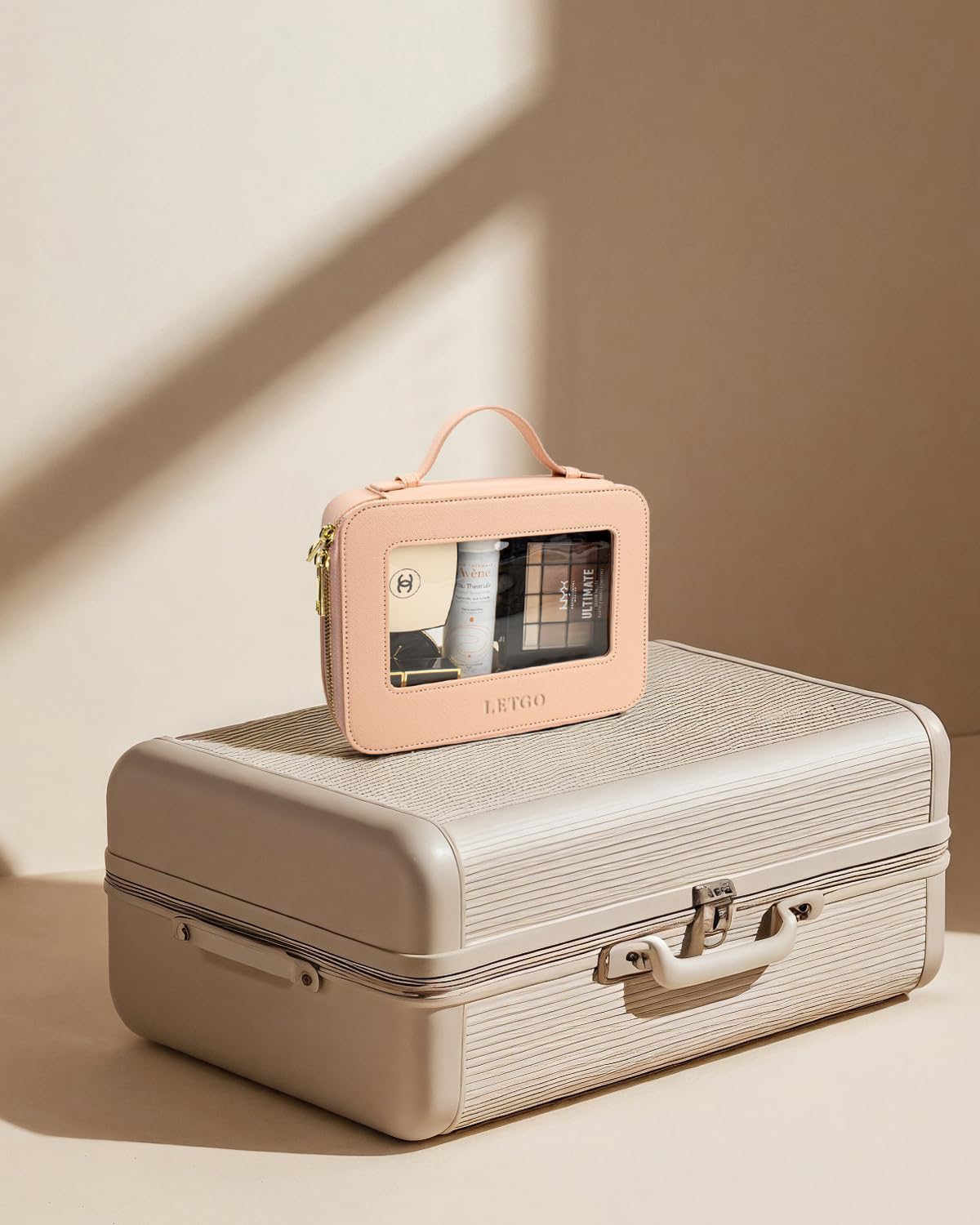 LETGO Clear Makeup Bag Travel Cosmetic Case Transparent Toiletry Bag with Zipper, Portable Make Up Organizer Traveling Compact Car Bag for Essentials (A-Nude)