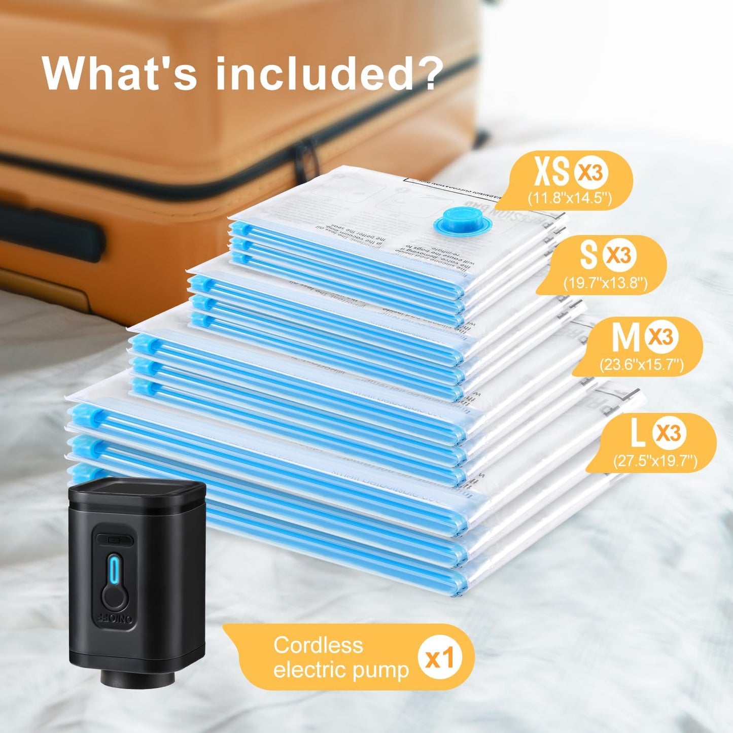 Combo 12 Pack Travel Vacuum Bags with Portable Electric Pump, Space Saver Vacuum Storage Bags for Clothing and Luggage, Travel Essentials