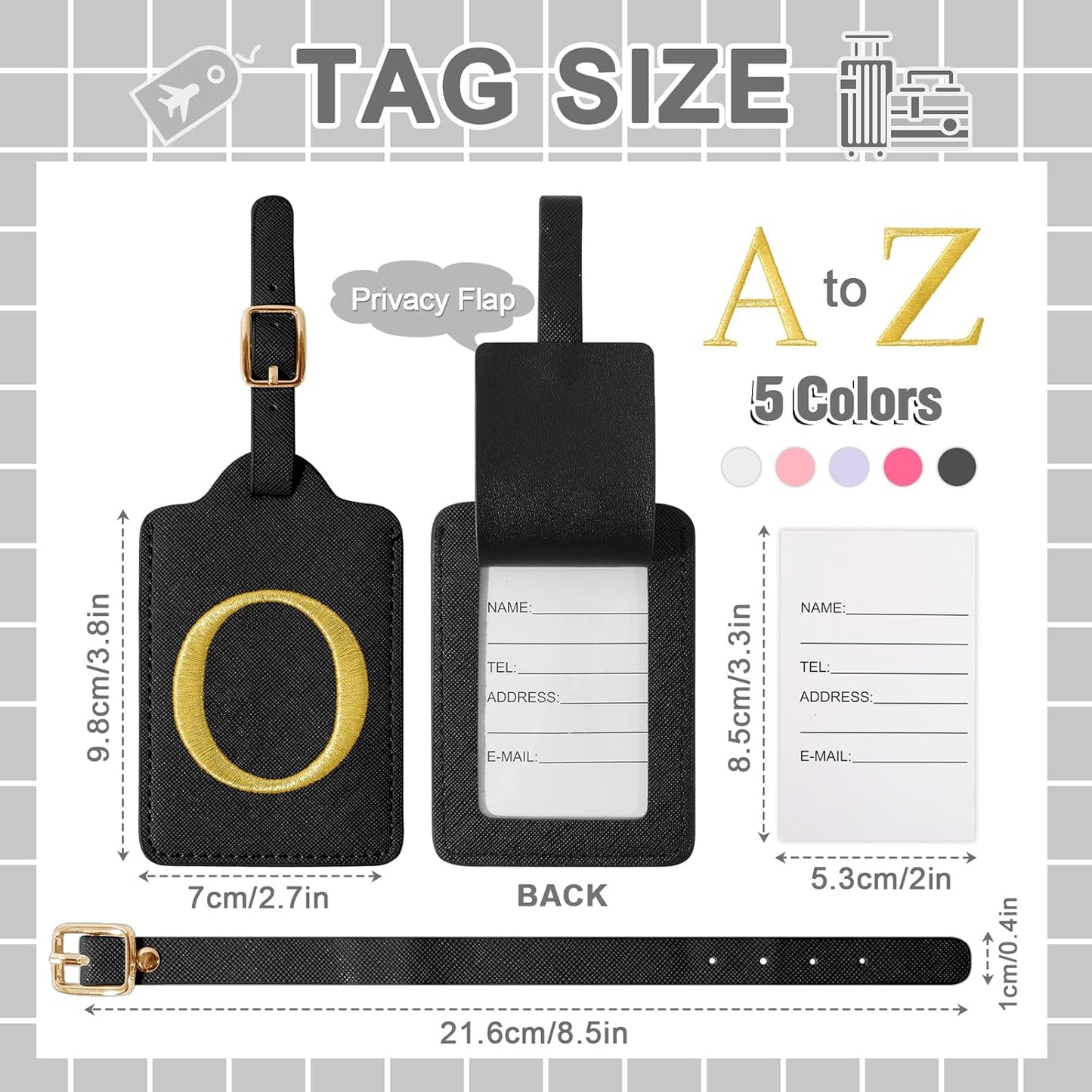 Personalized Initial Luggage Tags for Suitcase TSA Approved, Black Leather Cute Luggage Tag with Privacy Cover Name Card, Embroidered Custom Luggage Tags Travel Backpack Tags Gifts for Women Kids(O)