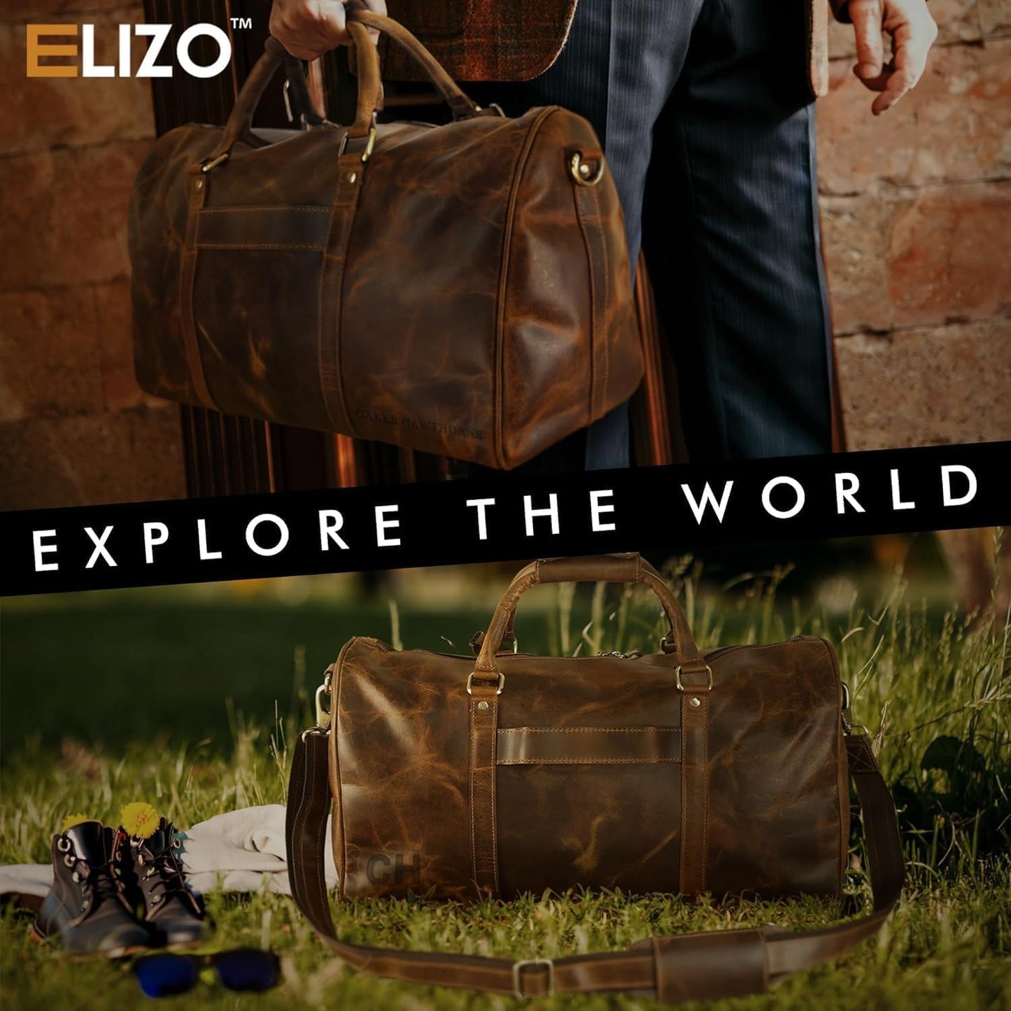 ELIZO Personalized Leather Duffle Bag For Men Women REAL FULL GRAIN Custom Travel Overnight Weekender Carry On Luggage Sports Gym Bags (Antique 20 Inch) Origin