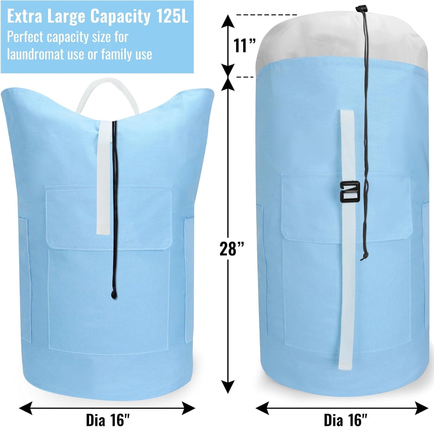 Laundry Bag Backpack, 125L Extra Large Travel with Shoulder Straps, Adjustable & Extendable Design, Laundry Hamper Bag with 3 Pockets for Laundromat, College, Travel, Camping (Light Blue)