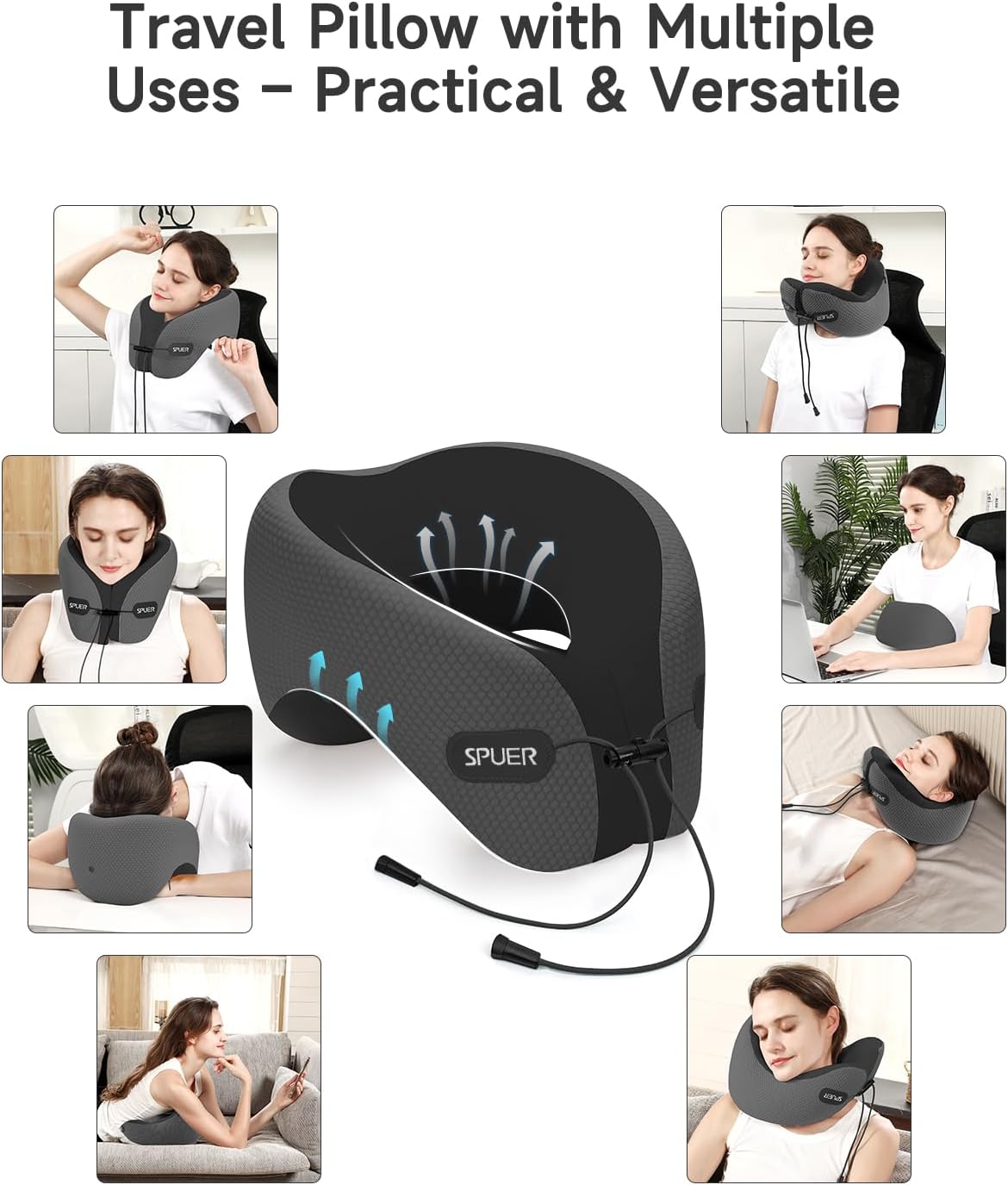 Travel Pillows for Airplanes, Neck Pillow Airplane, Airplane Travel Accessories with Eye Mask, Earplugs & Storage Bag, Ergonomic Memory Foam Neck Pillow for Sleeping, Flights, Cars (Dark Gray & Black)