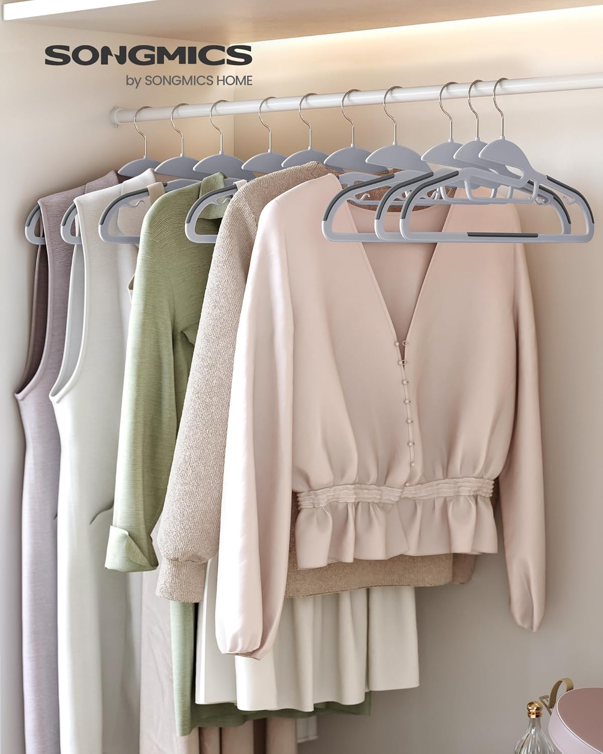 SONGMICS 50 Pack Coat Hangers, Heavy-Duty Plastic Suit Hangers, S-Shaped Opening, Space-Saving, 360º Swivel Hook, 16.3 Inches Wide, Light Gray and Dark Gray UCRP41G-50