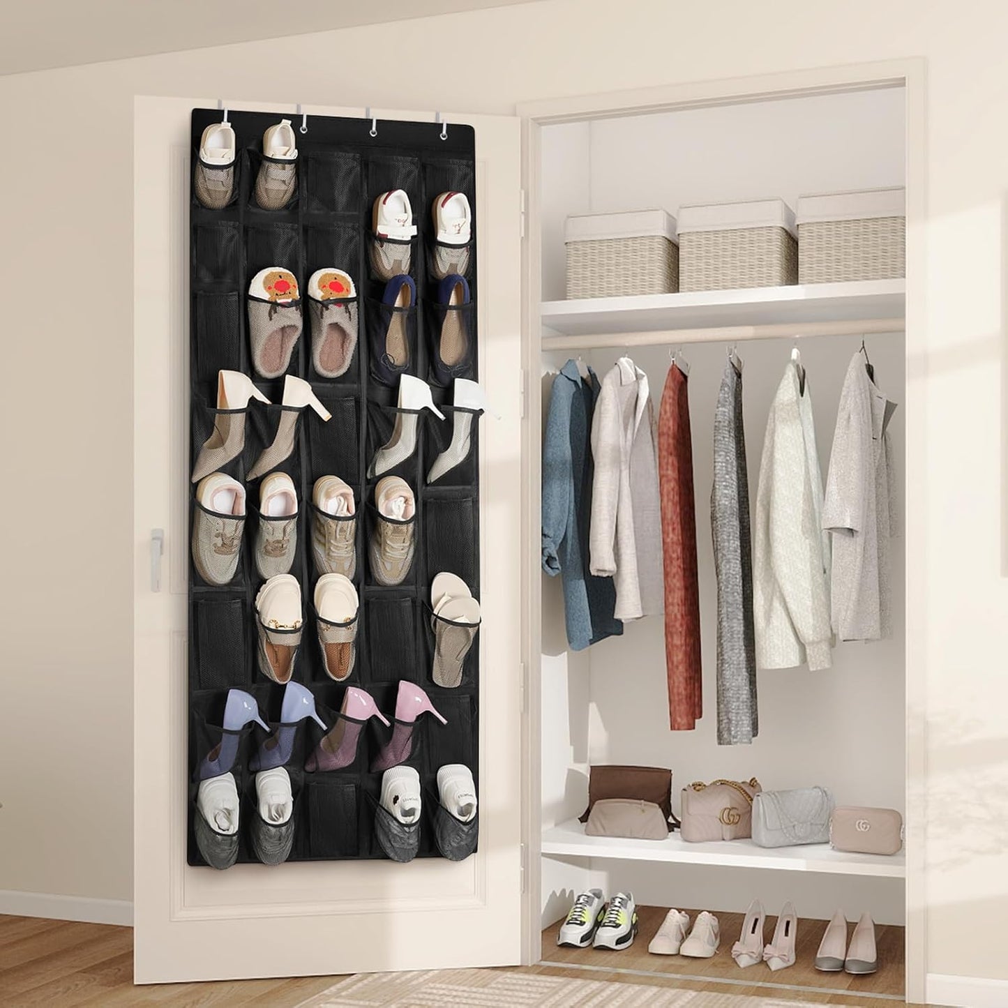 FENTEC 40 Large Pockets Over The Door Shoe Organizer, Mesh Hanging Shoe Organizer Shoe Rack for Closet Mesh Closet Shoe Holder, Over Door Organizer, Shoe Organizer for Wall, Black, 1 Pack