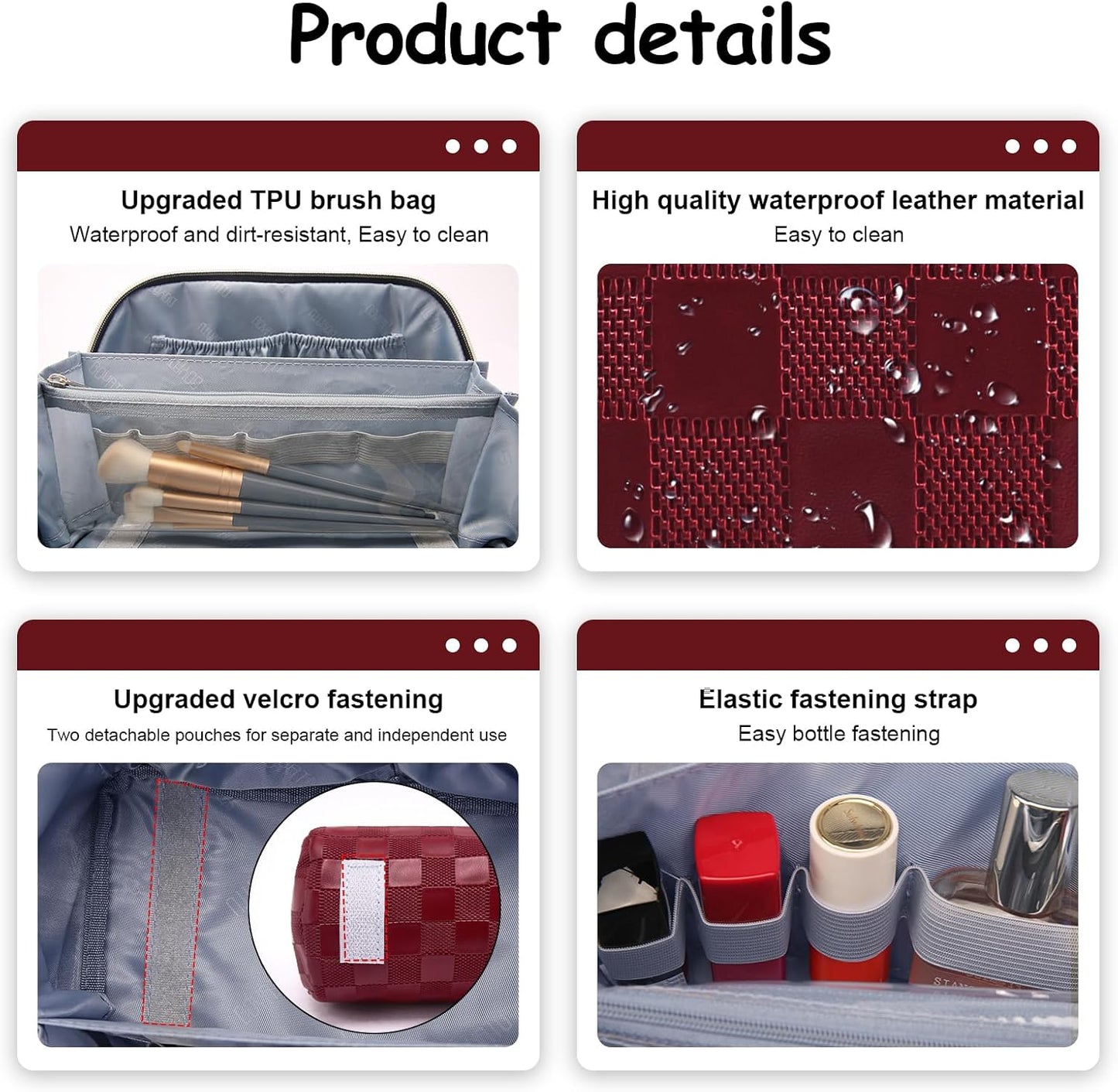 Travel Makeup Bag Organizer Cosmetic Bag: 3 Pcs Set Make up Bags for Women with Handle - Waterproof Vegan Leather Toiletry Bags with Comparments (C-11-Red)