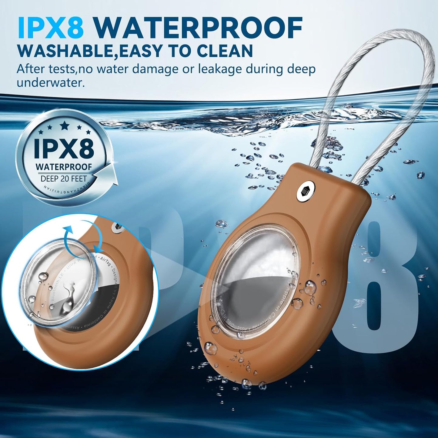 Waterproof Airtag Holder,Airtag Case with Secure Lock,Airtags Keychain for Apple Airtag,Anti-Lost Protective Cover Air tag Accessories for GPS Item Finder Tracker Luggage,Bag,Key,Pet,Cat Dog-Brown