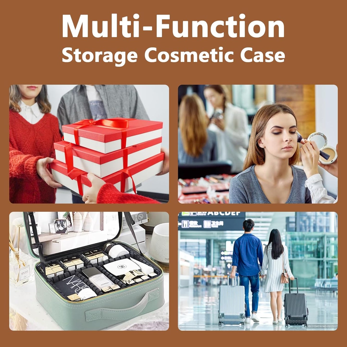 Travel Makeup Bag for Women and Makeup Artists Cosmetic Organizer Large Makeup Case,Travel Makeup Bag with Mirror 3 Color Setting,Portable Storage and Adjustable Dividers(light brown)