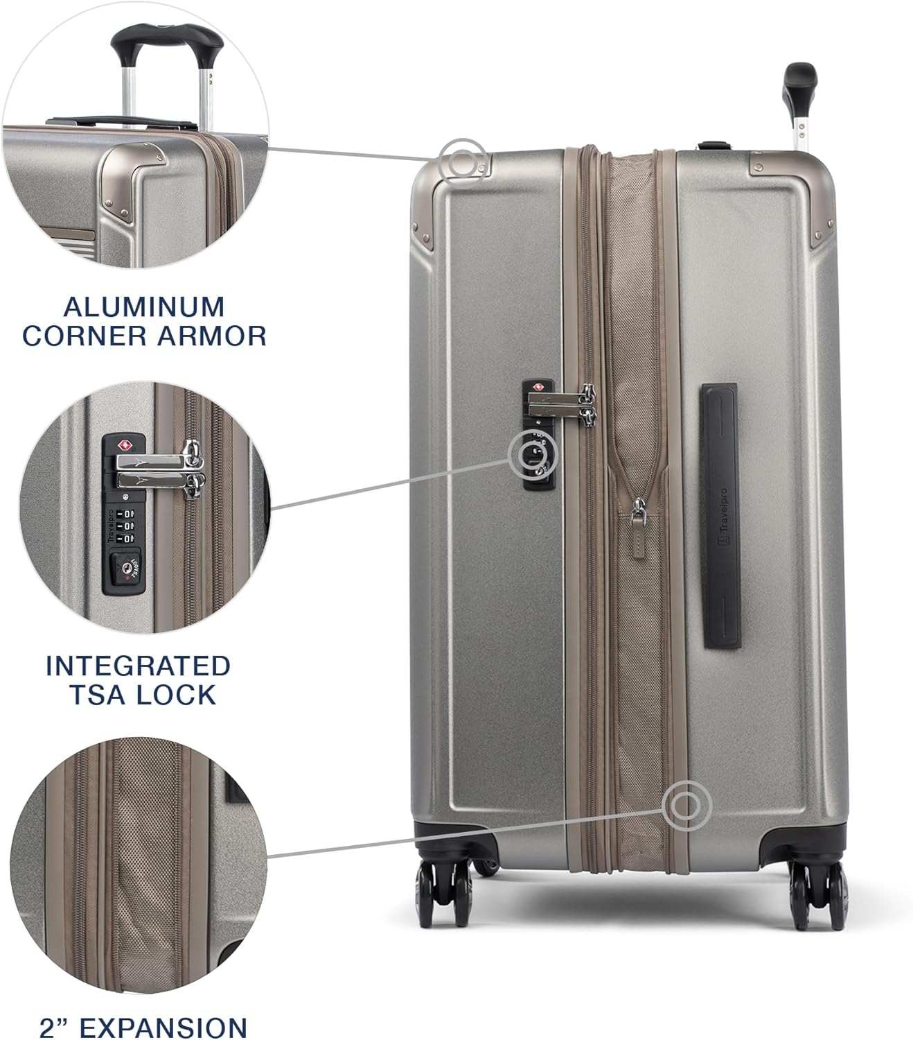 Travelpro Platinum Elite Hardside Expandable Checked Luggage, 8 Wheel Spinner, TSA Lock, Hard Shell Polycarbonate Suitcase, Metallic Sand, Checked Medium 25-Inch