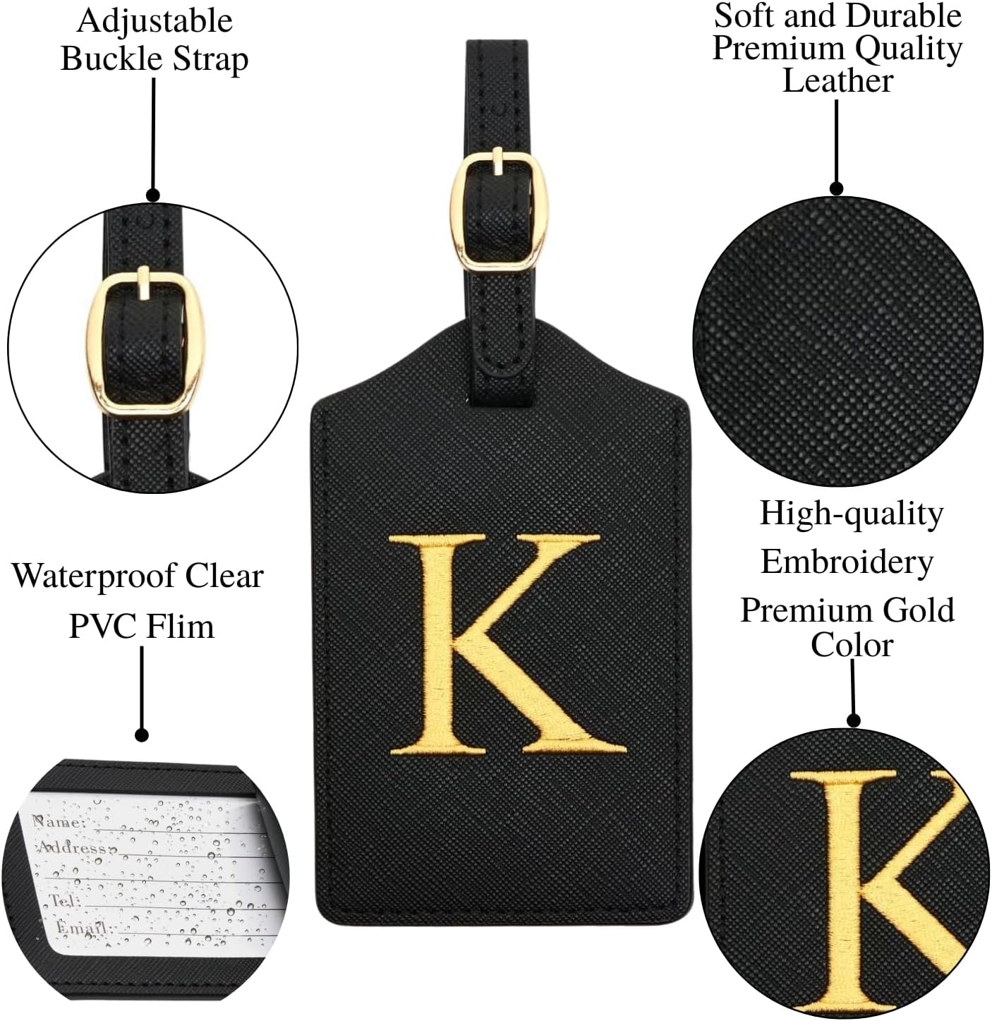 Luggage Tag PU Leather for Suitcase Baggage Handbag Travel Bag Label Suitcase Tag Label Tag w. Name Card & Privacy Cover (K)