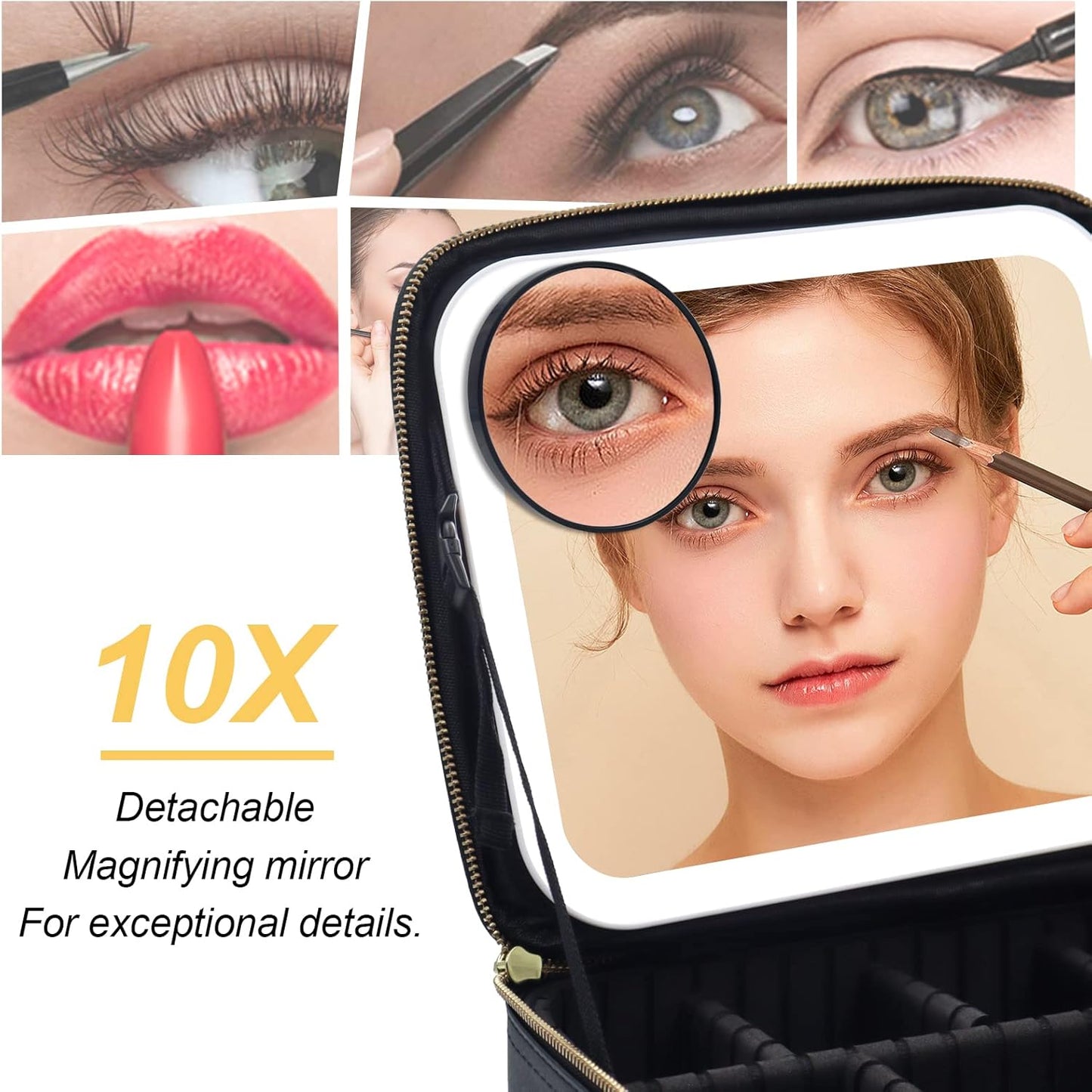 Makeup Case, Lighted Mirror, Travel, Waterproof, Brown