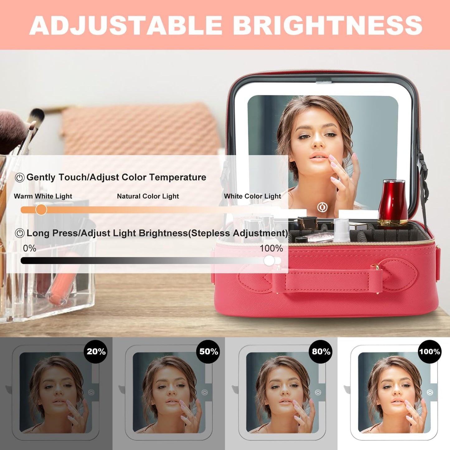 Mocado Travel Makeup Bag with LED Lighted Mirror,Travel Makeup Organizer,Makeup Case with 3 Color Lighted Setting and 10x Magnifying Mirror,Portable Storage and Adjustable Dividers Makeup Box(Red)