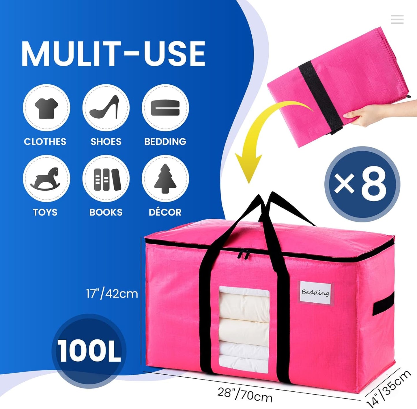 TAILI 8 Pack Pink Extra Large Moving Bags, Heavy Duty Totes with Visible Window, Wrap Around Handles, Space-Saving Storage, Alternative to Moving Boxes