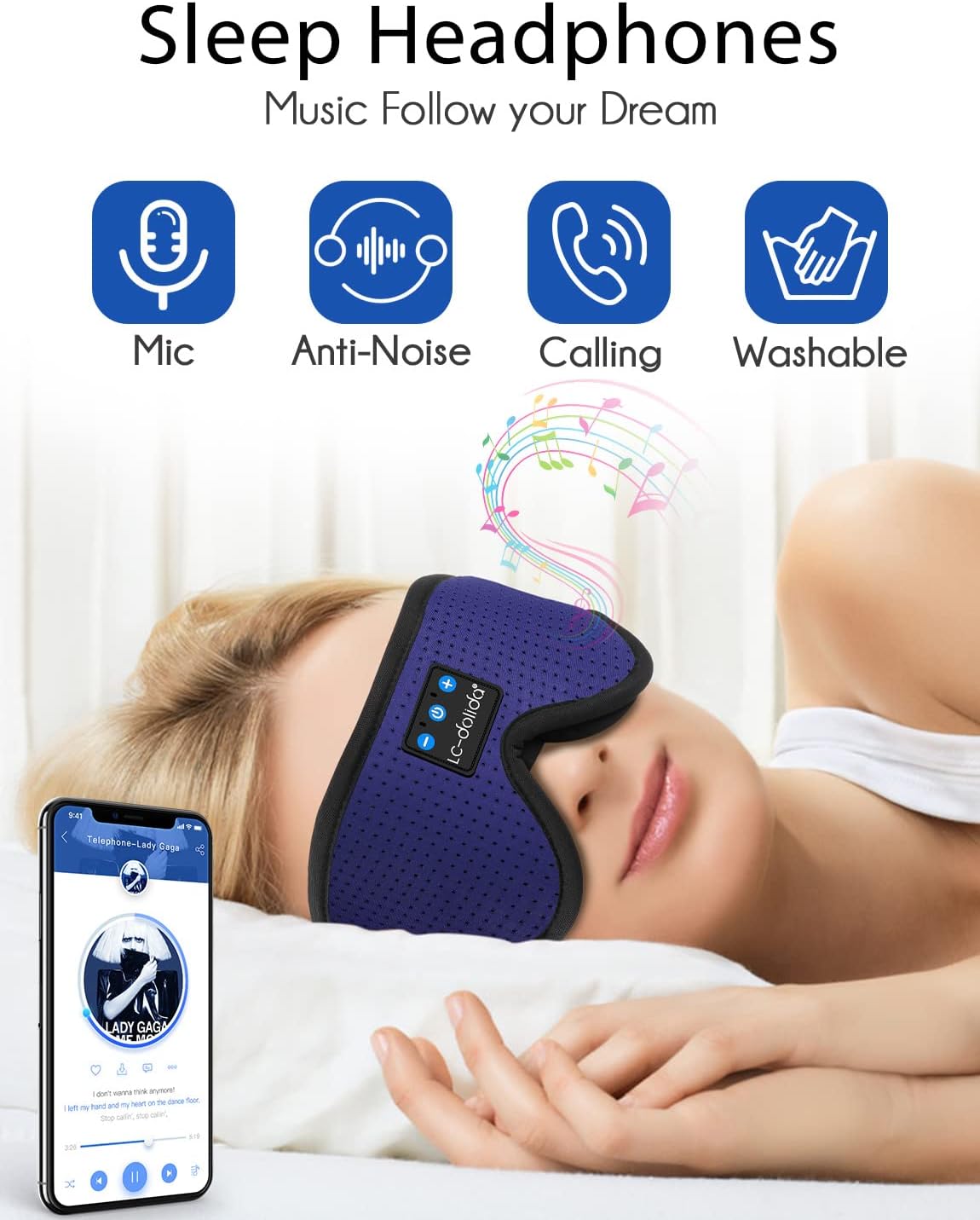 LC-dolida Sleep Headphones, Sleep Mask Bluetooth Wireless Music Eye Mask, Sleeping Headphones for Side Sleepers Sleep Mask with Bluetooth Headphones Ultra-Thin Stereo Speakers Perfect for Sleeping