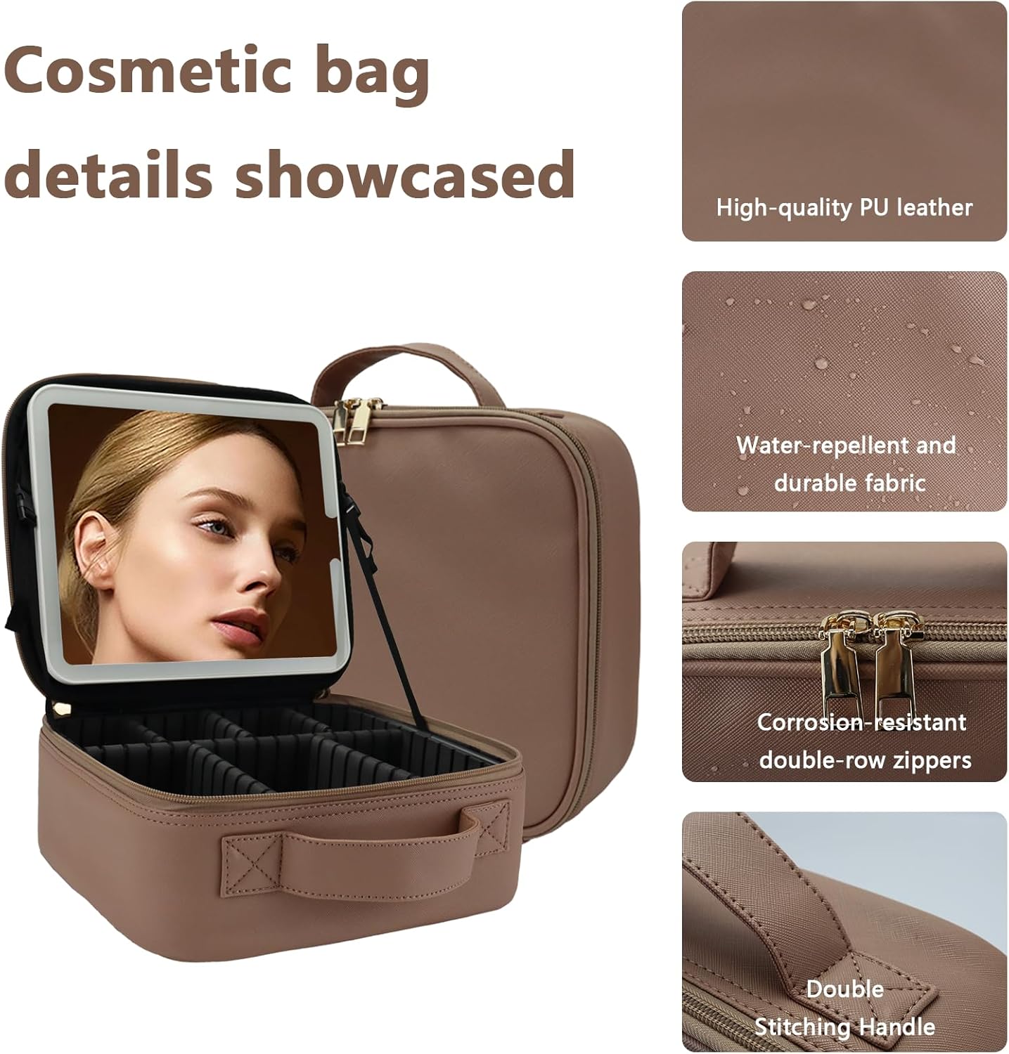 Travel Makeup Bag with LED Lighted Mirror, Travel Makeup Organizer,3 Color Setting Cosmetic Makeup Box, Adjustable Dividers and Brush Holder（Mocha）